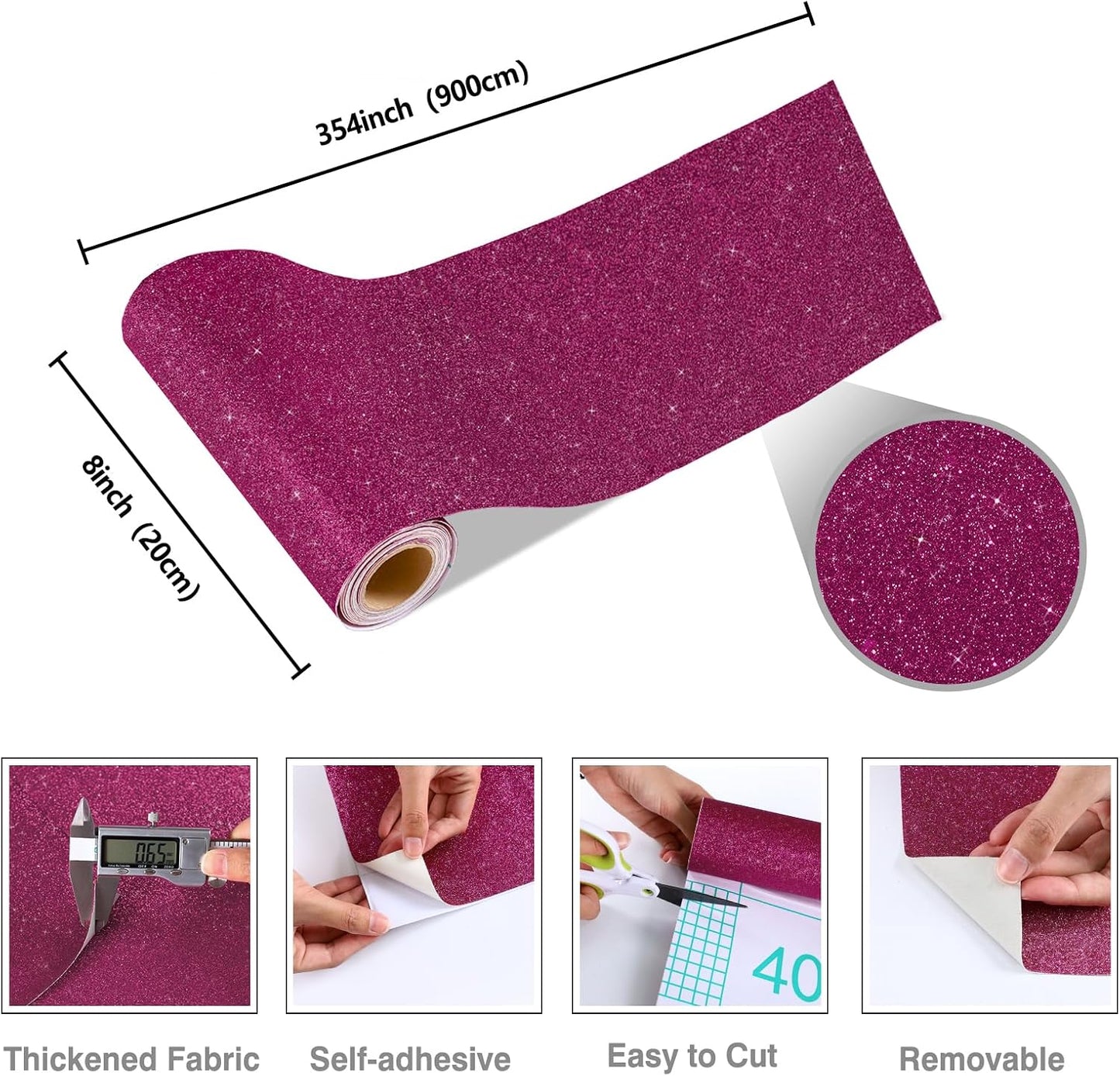 Glitter Wallpaper Border " Shiny Glitter Wallpaper Stick and Peel Fabric Wall / 8 x 354 / Deep Pink
