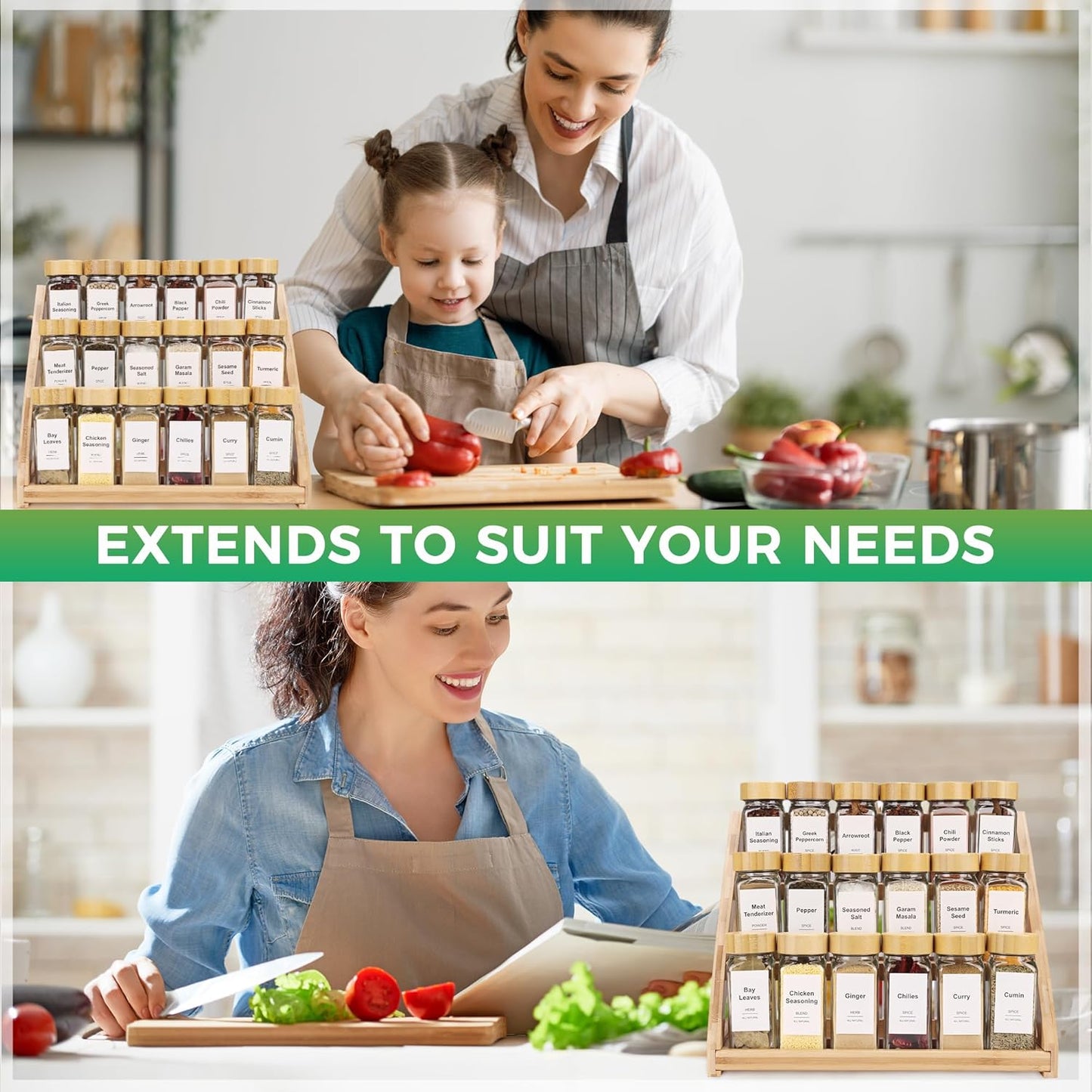 Spice Rack, Spice Organizer -3 Tier Bamboo Spice Racks, Solution for Spice Storage in Kitchens, Countertops,Storage
