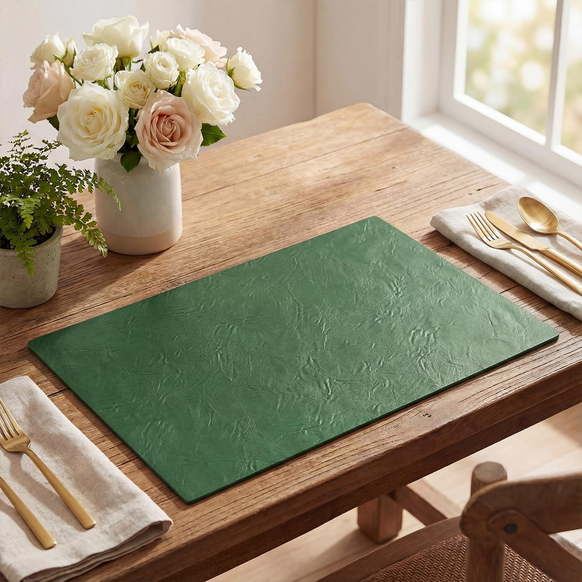 Artoid Mode Green Faux Leather Placemats Set of 8, 12x18 Inch Waterproof Wipeable Heat Resistant Vinyl Place Mats