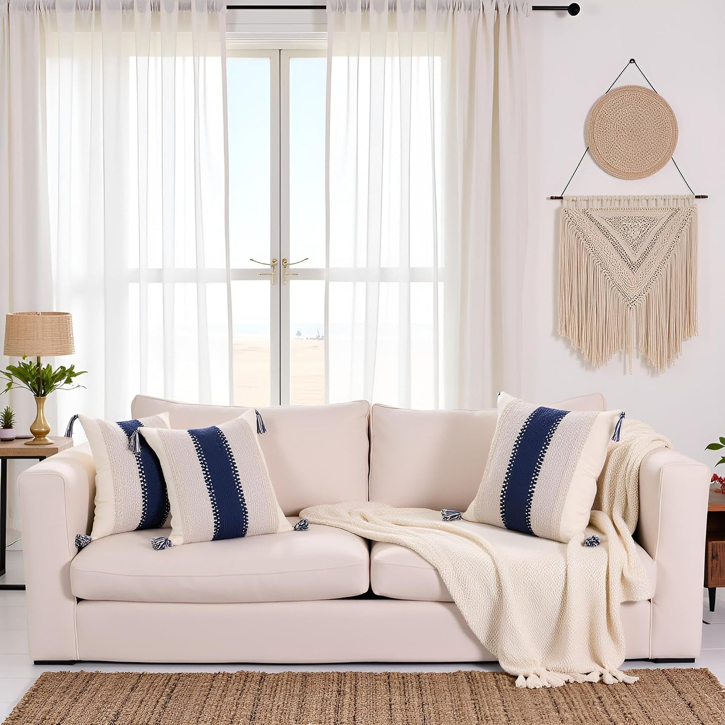 Tassels Boho Throw Pillow Covers Neutral Coastal / Navy Blue Single Stripe / 18 x 18 / Set of 2