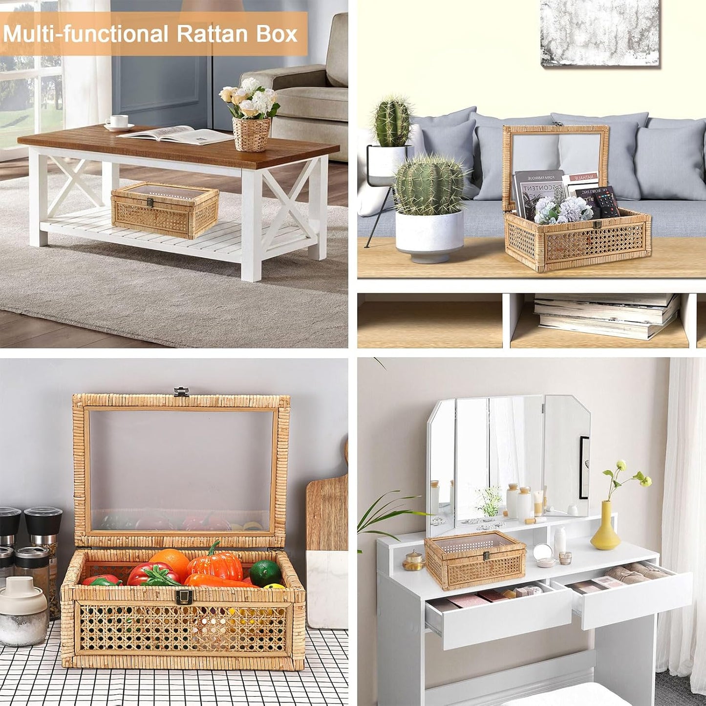 Clear Lid Rattan and Wood Display Boxes Handcrafted Shelf / 14 x 10 x 5.7 / Large / Natural Color