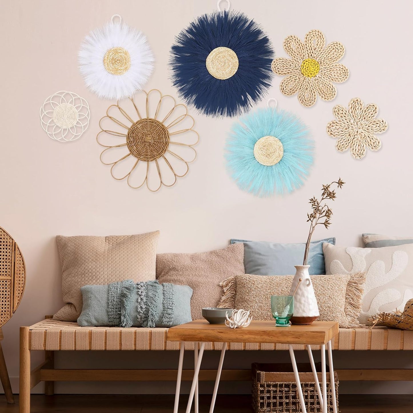 Boho Wall Basket Decor Rattan Flower Wall Decor Nursery Daisy Flower Woven Macrame / Blue / Set of 7