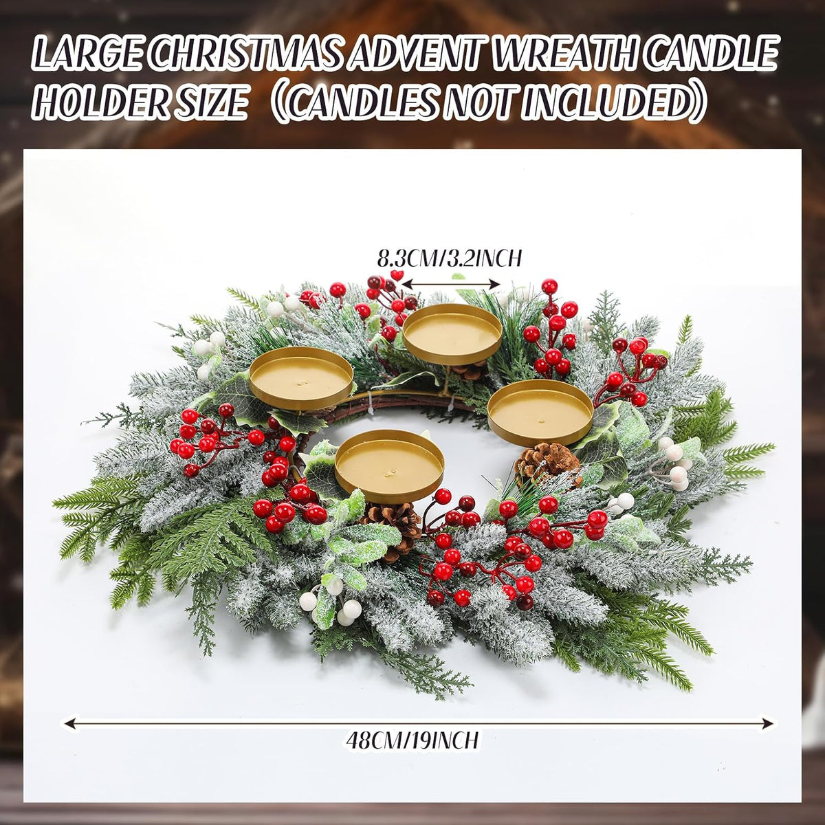 Reallnaive Large Christmas Advent Wreath Candle Holder with Norfolk Pine, Cedar, Mistletoe 19 Inch Rustic Advent