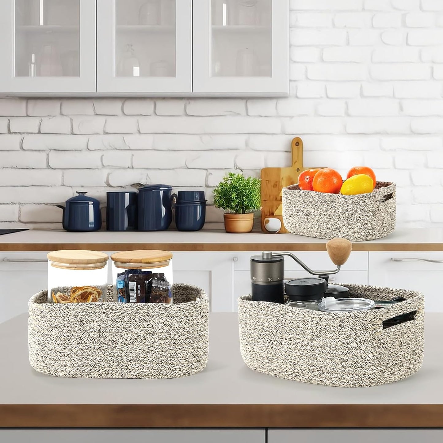 Small Cotton Rope Storage Baskets for Organizing Woven Baskets / 11.8 x 7.8 x 5 / Tan / Set of 3