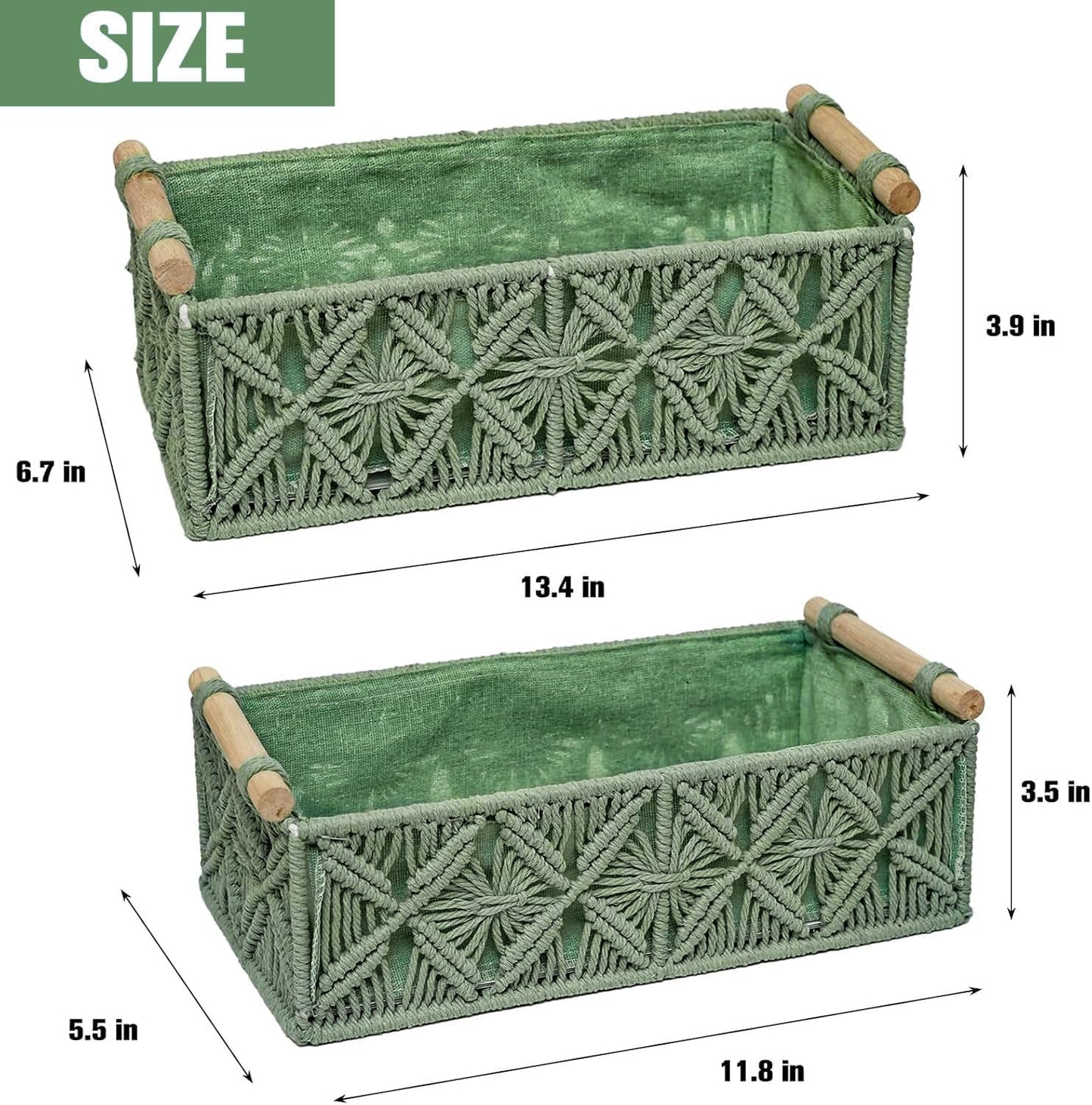 Macrame Boho Decor Baskets for Organizing Woven Decorative Basket for Countertop Toilet / Green