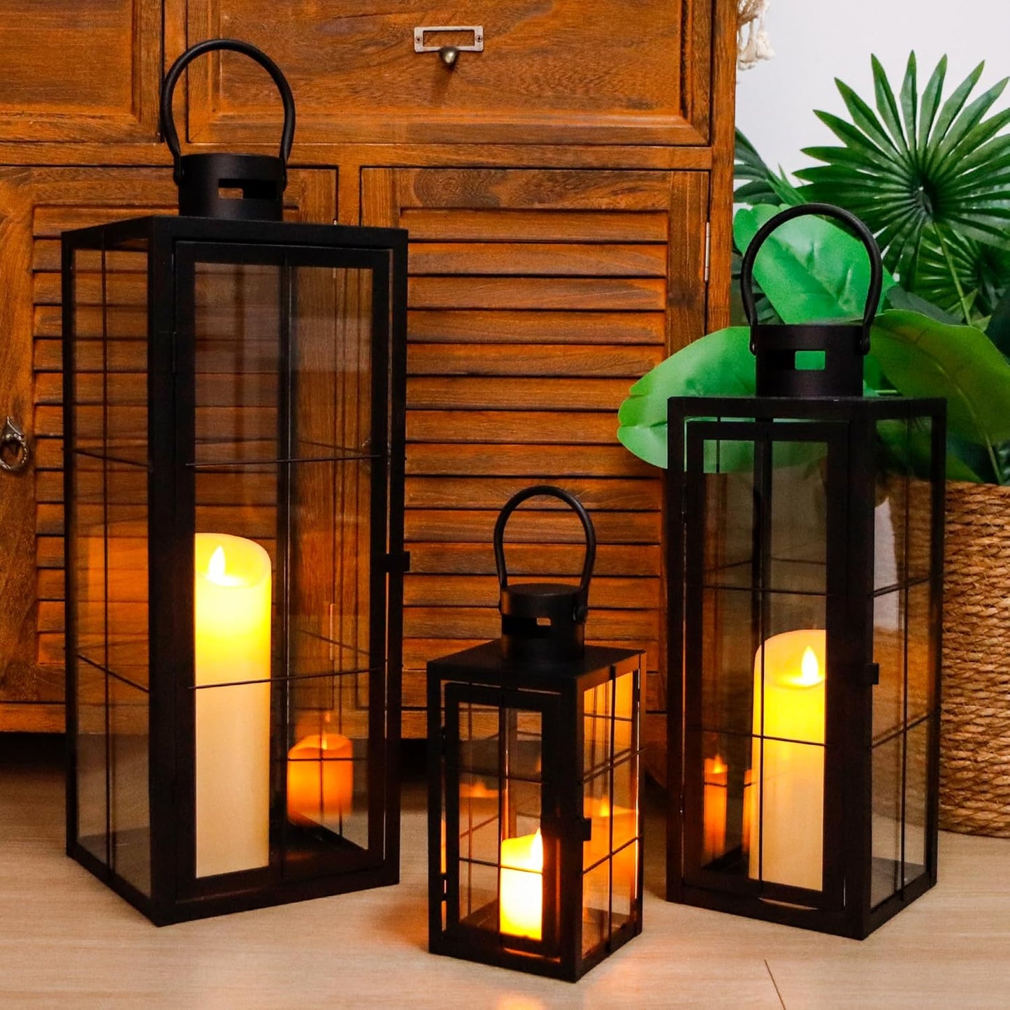 TRIROCKS Metal Candle Lantern Set of 3 - Assorted Sizes (9/15.5/19.5 Inch) - Tall Decorative Hanging Lanterns with