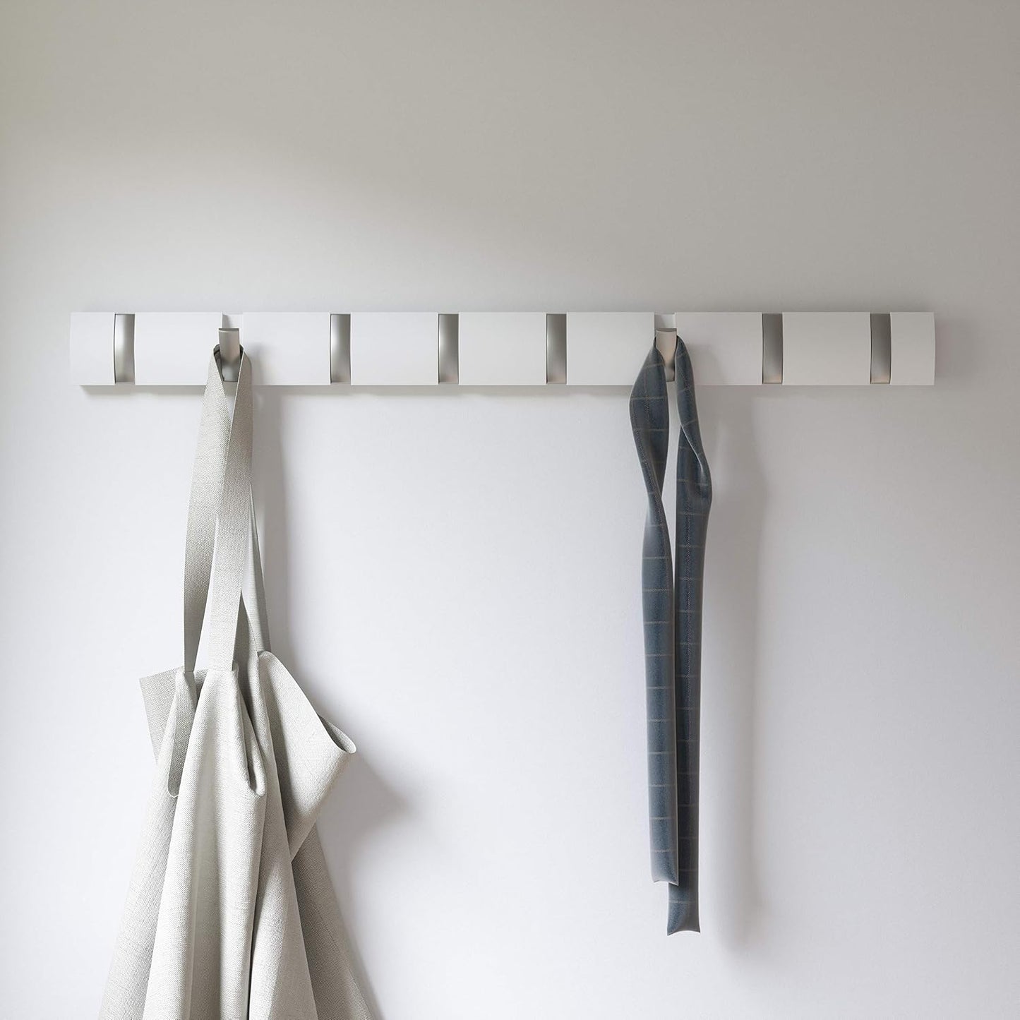 Umbra Flip Coat Rack, Wall Mount 8-Hook, Space Saving, White | Real wood and steel build, retractable hooks fold flat