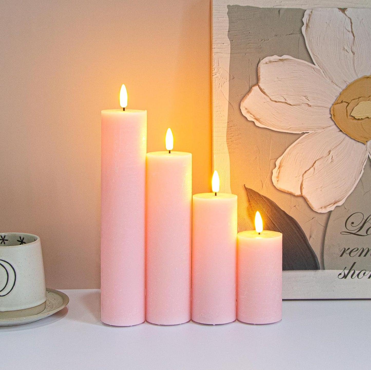 Flickering Flameless Pillar Candles with Remote Control and Cycle Timer,Pink Pack of 4 Battery Operated(Powered by 2AA)
