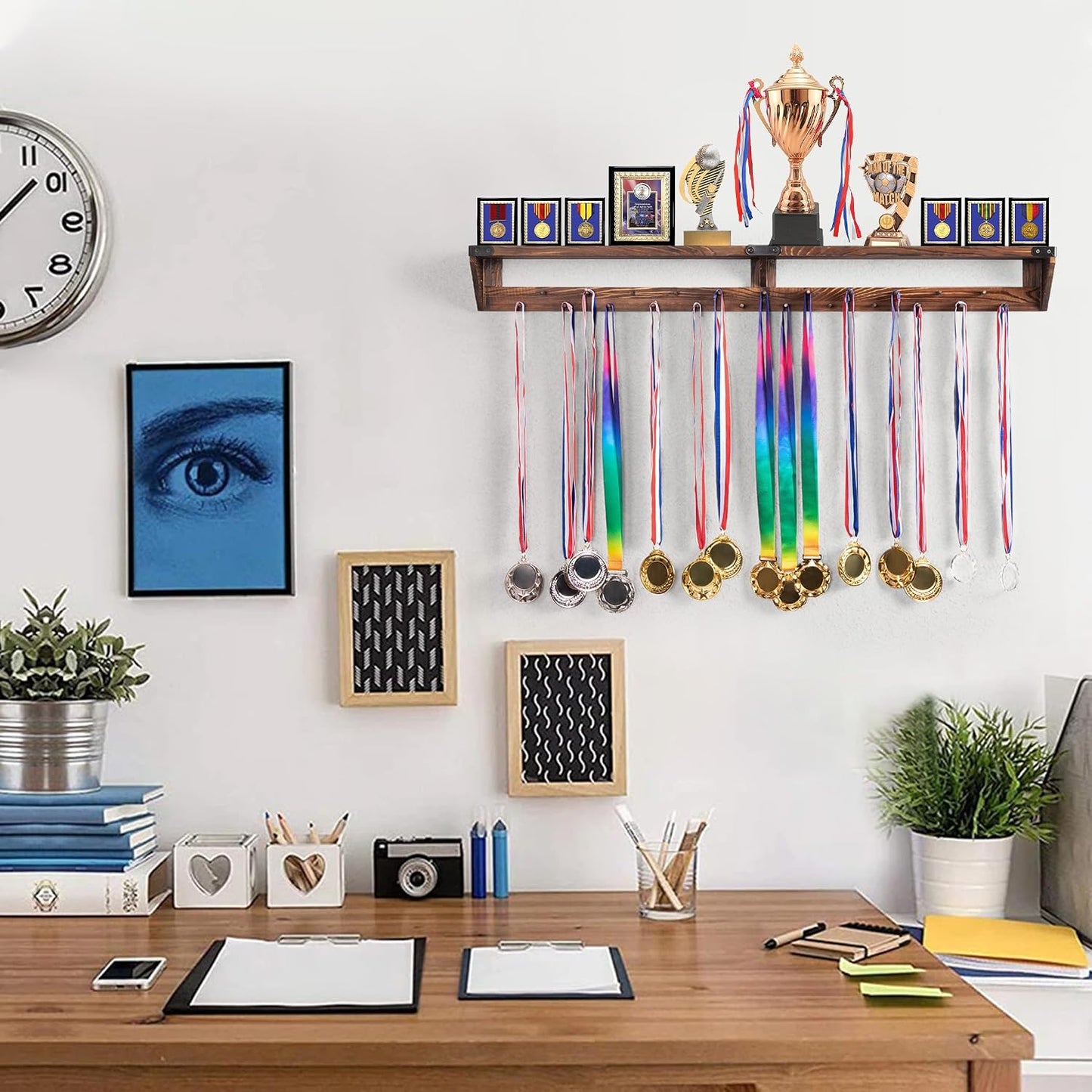 LAVIEVERT Gymnastic Medal Hanger with Storage Shelf, Wooden Wall-Mounted Trophy Shelf, Race Medal Display Rack Holder
