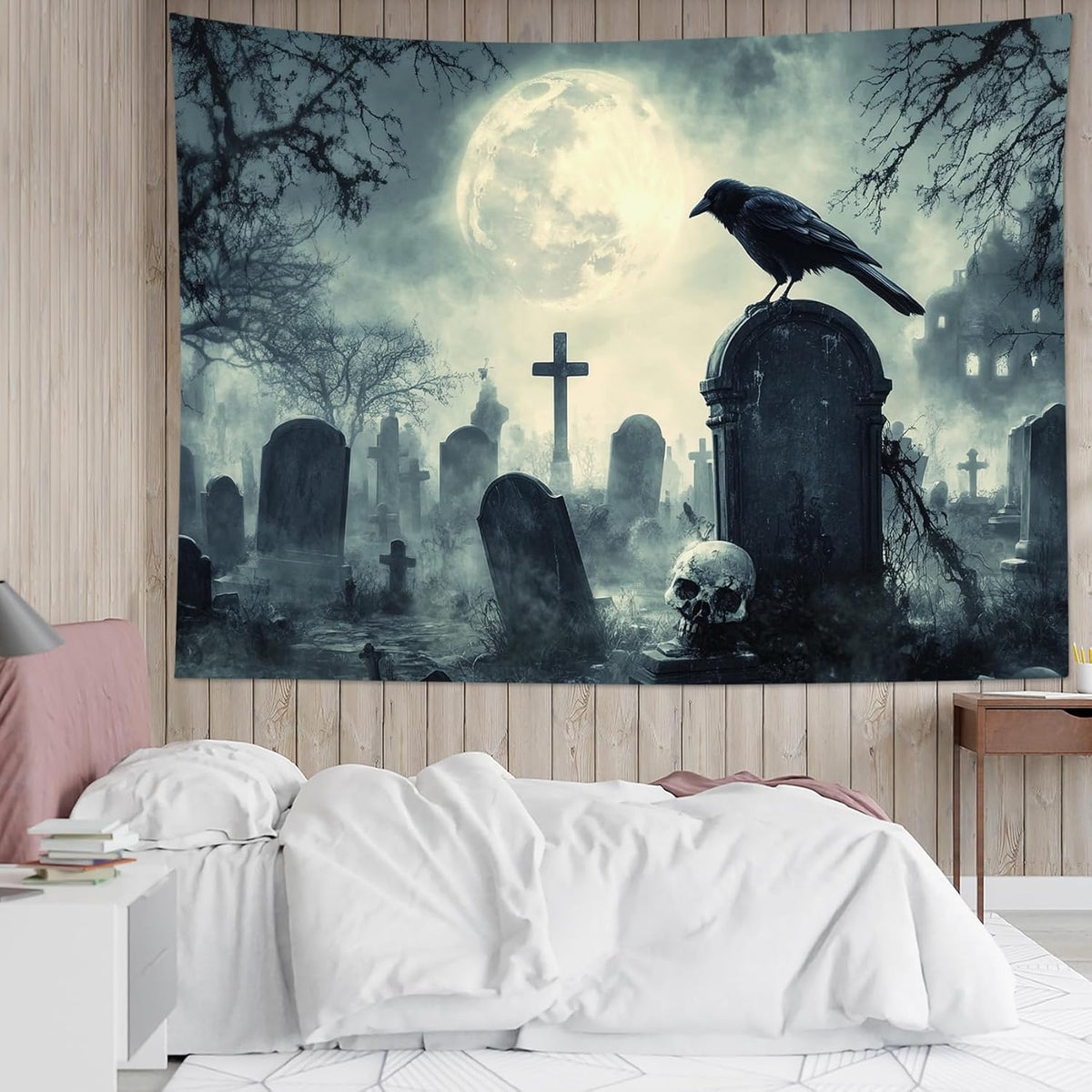 HVEST Halloween Tapestry Wall Hanging Horror Tombstone and Scary Skull in Cemetery Wall Art Spooky Dead Tree and Crow under Full Moon Tapestry for Bedroom Living Room Dorm Wall Decor, 51L X 59W inches