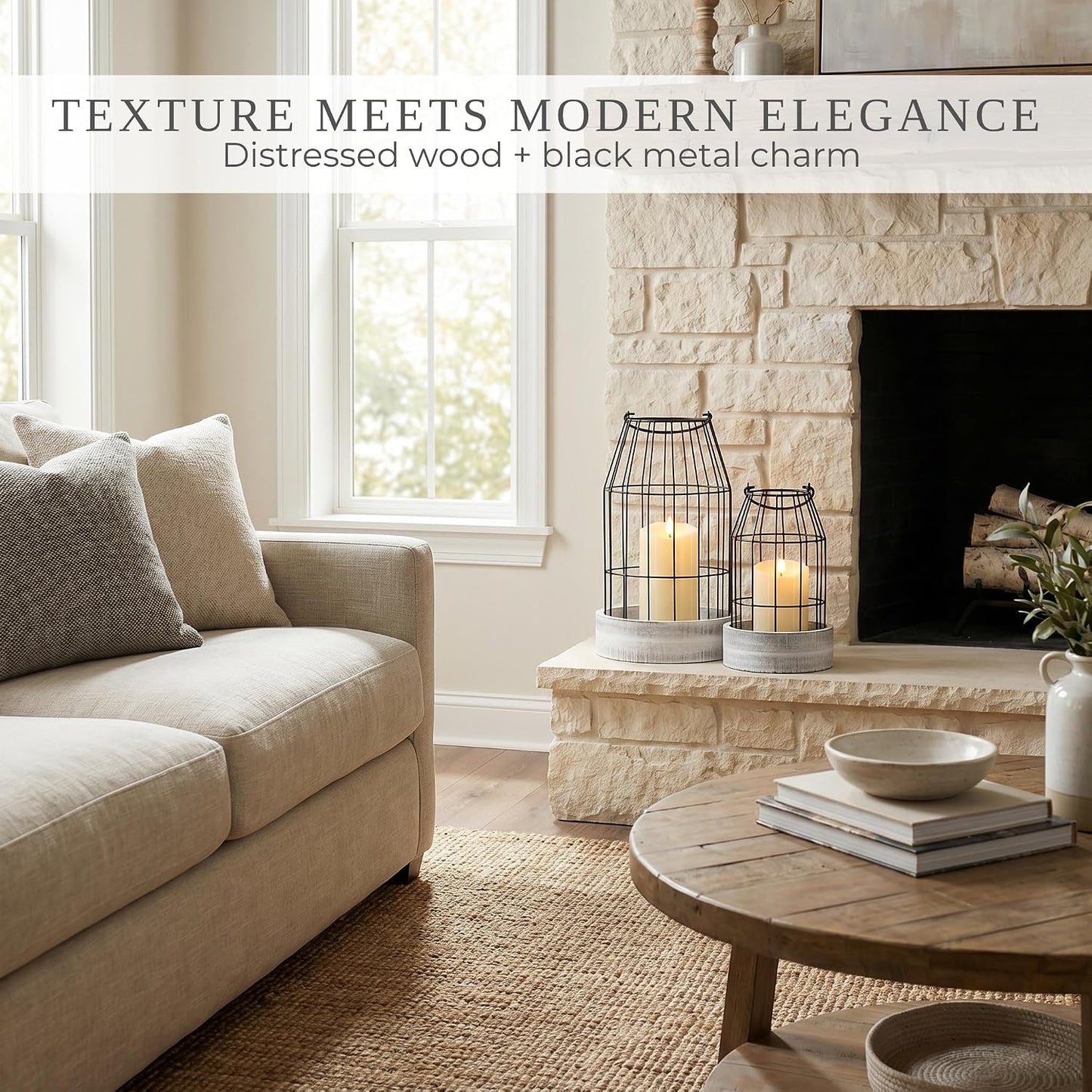 Rustic Farmhouse Lantern Decor Set of 2 - Stylish Decorative Lanterns | Modern Indoor/outdoor Coffee Table Decor for