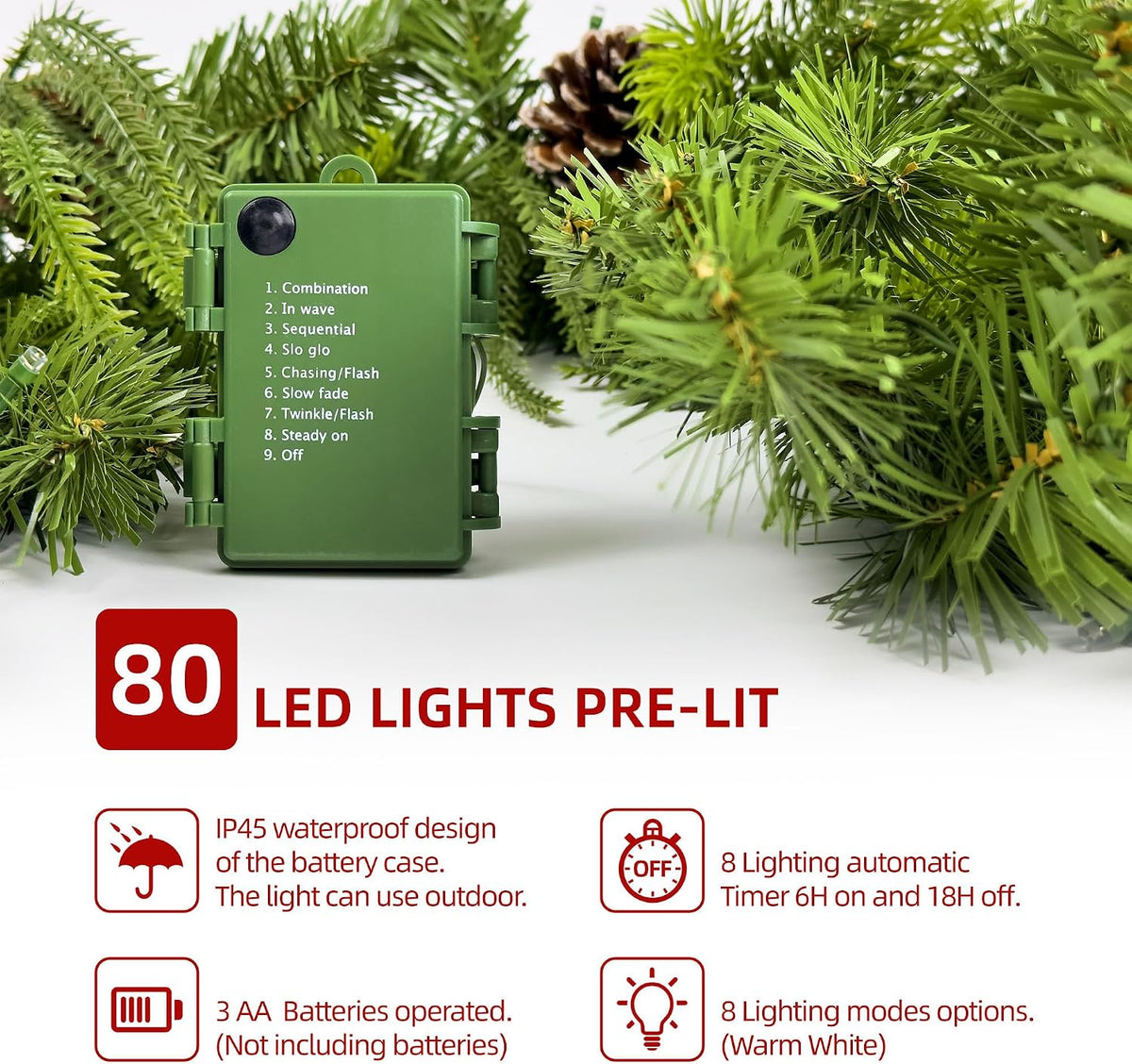 6ft Cascading Christmas Garland with Lights/Pinecone for Mantel Decorations | Prelit 80 Warm White LEDs with Dark Green