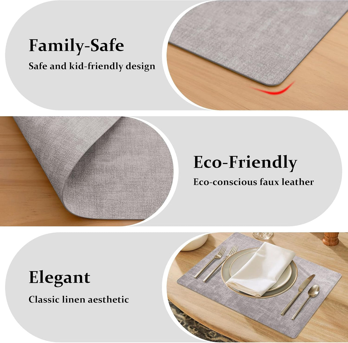 FROMHEART Faux Leather PU Placemats Set of 12 (Light Grey,11.8" x 17") | Waterproof,Heat/Oil Stain-Resistant Table