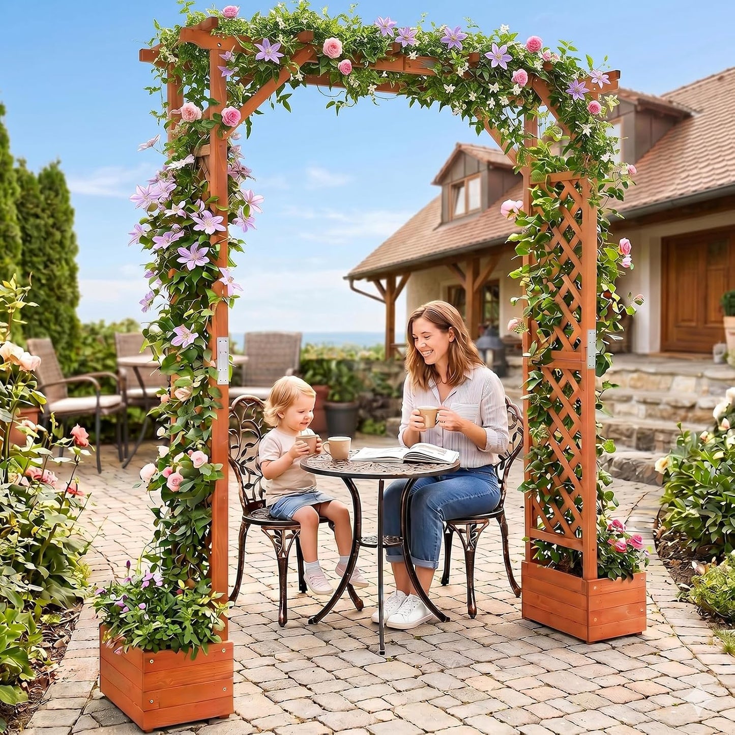 VINGLI Wooden Garden Arbor with Planter, Wedding Arch for Ceremony, Wood Garden Arbour Trellis for Plant Climbing