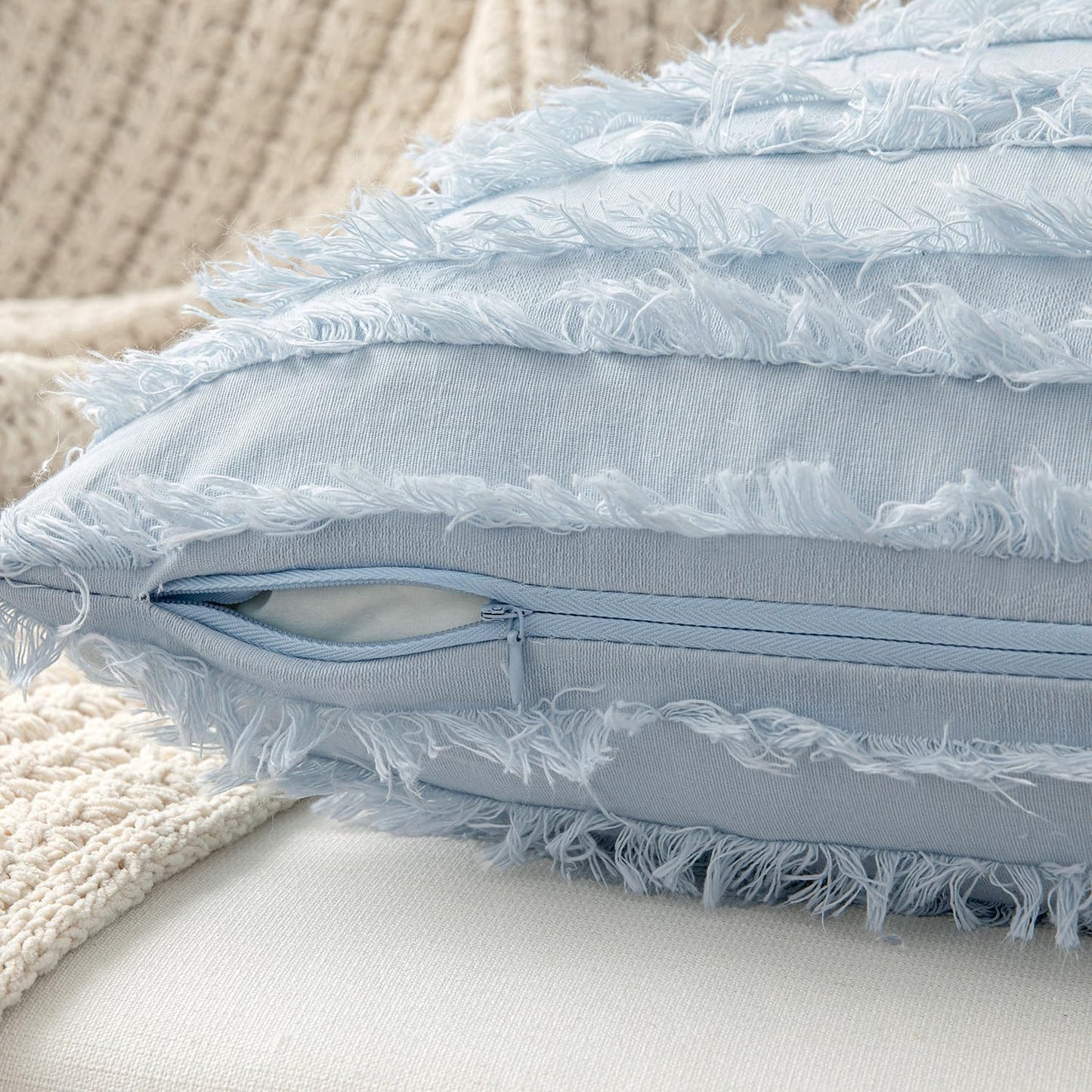 Decorative Boho Throw Pillow Covers Linen Striped Jacquard Pattern / 18 x 18 / Light Blue / Set of 2