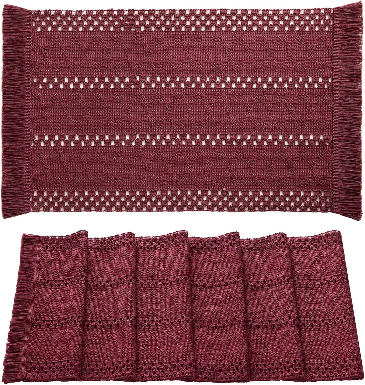 Macrame Style Boho Placemats Set of 6, Burgundy 12x20 Inch | Decorative Farmhouse Table Mats, Natural Cotton Woven