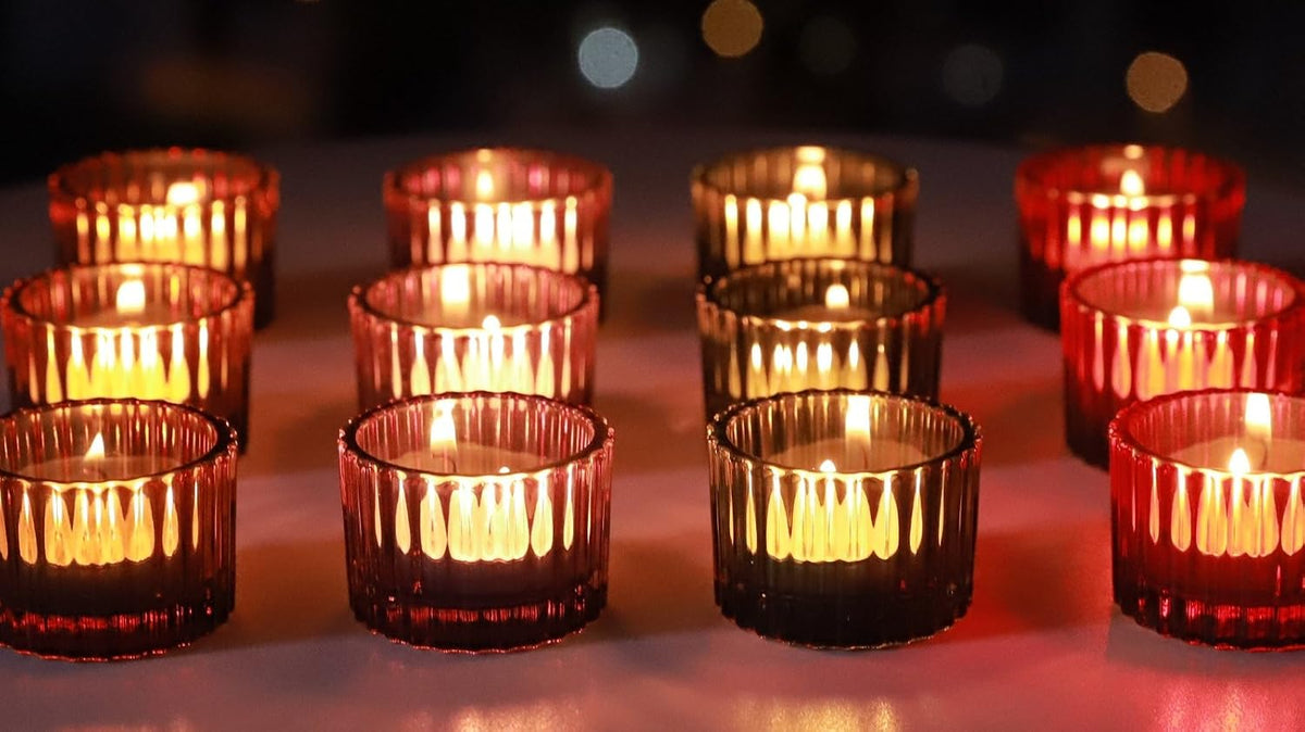 VOHO 4 Colors Tealight Candle Holder Fall Decor, Set of 12 Glass Votives