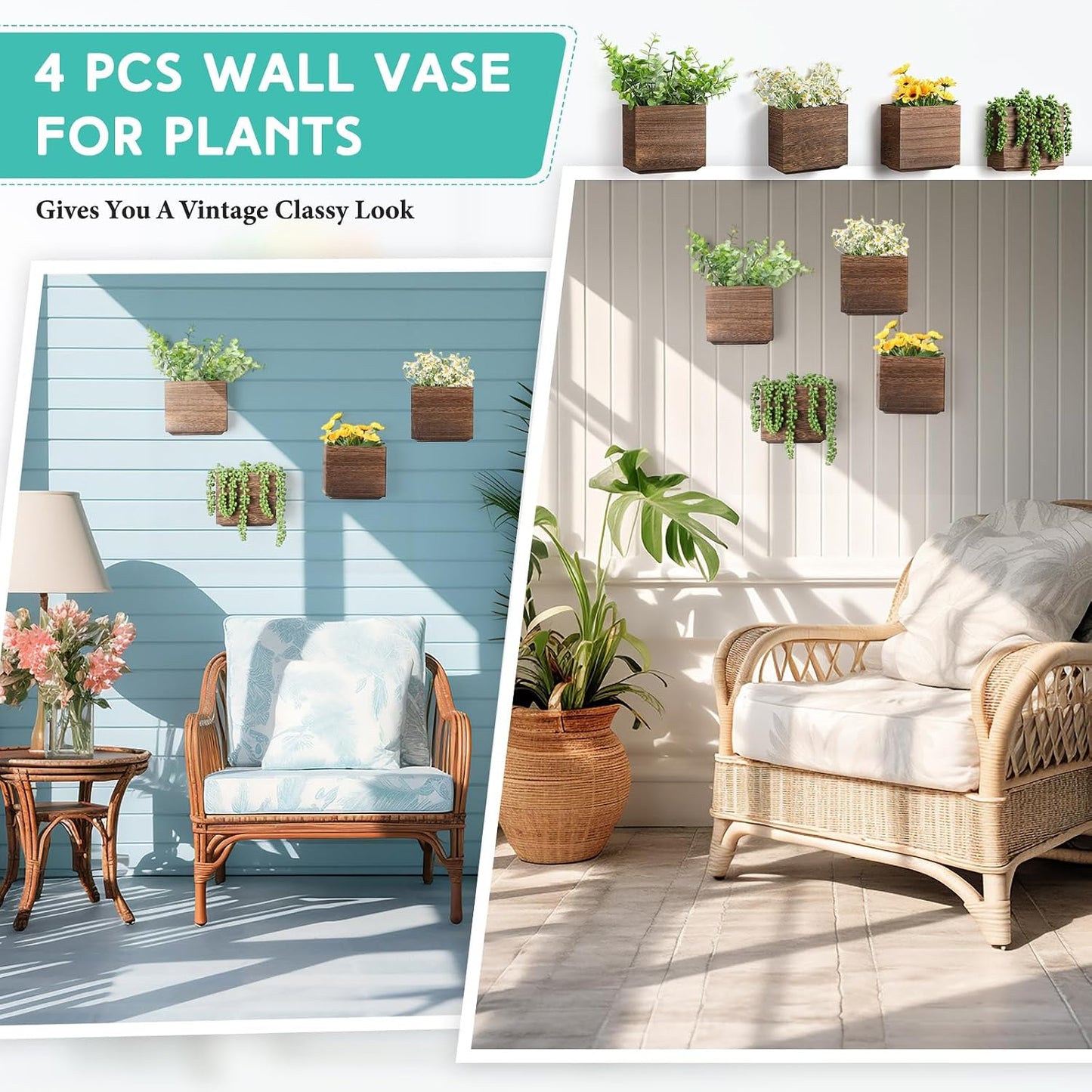 Wood Wall Planters Hanging Plant Pots Farmhouse Wall Hanging Decor / Natural / 5.5 x 5 / Set of 4