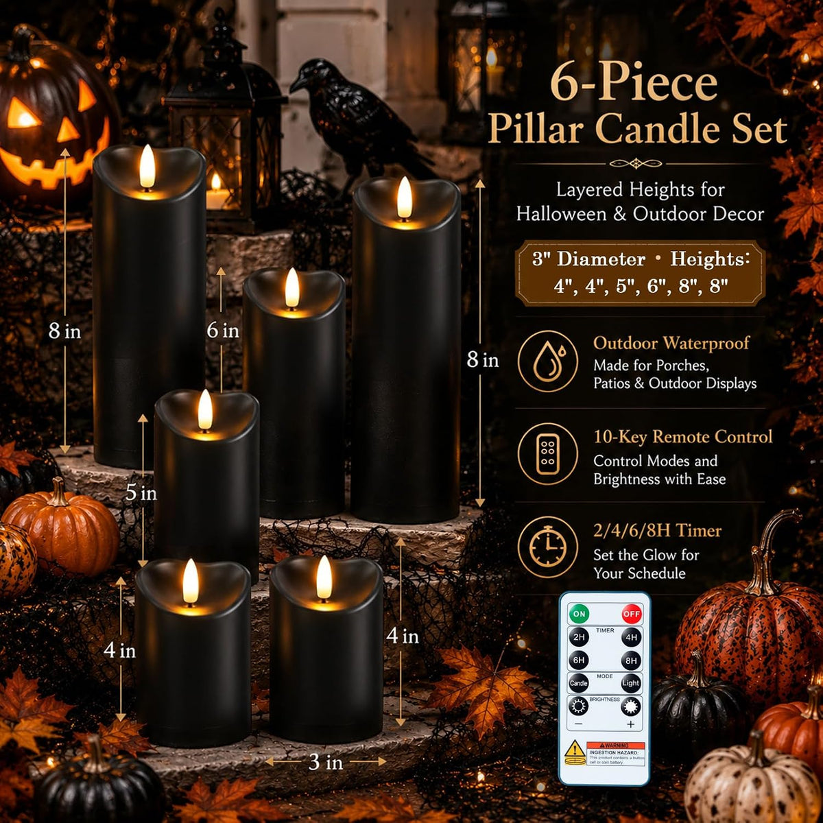 Homemory Halloween Black Waterproof LED Candles with Remote Timer, Set of 6 | Flameless candles