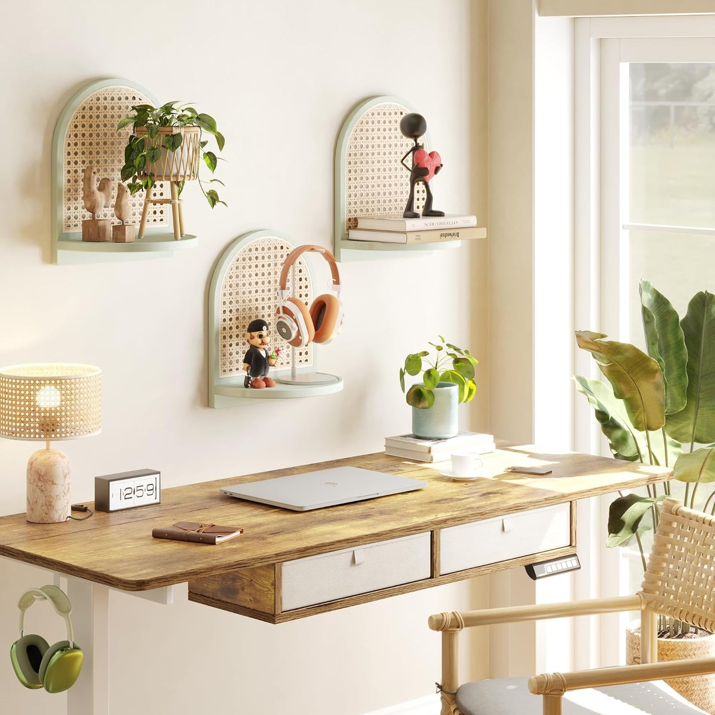7'' Rattan Shelves / Green / 9.25*5.41*11.61 Inch / Set of 3