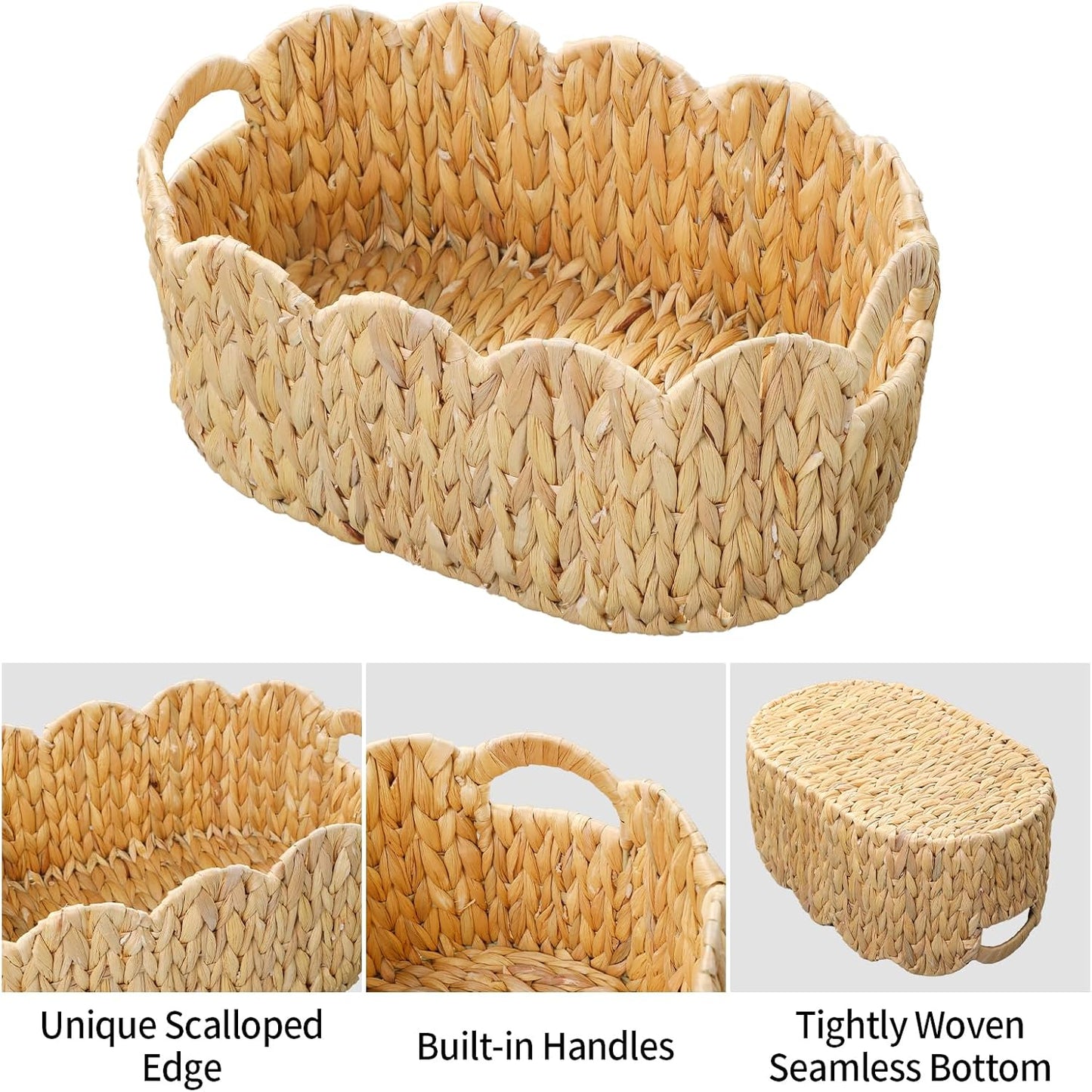 Scalloped Basket / Hand-Woven Wicker Storage Baskets / Oval / Set of 2