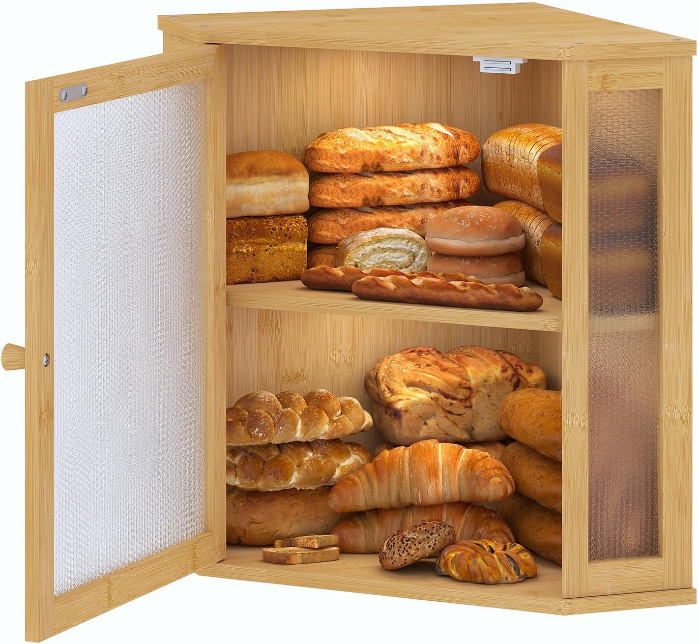 Corner Bread Box for Kitchen Countertop,Bread Storage for Homemade Bread, Double Layer Large Bamboo Kitchen Storage Bin