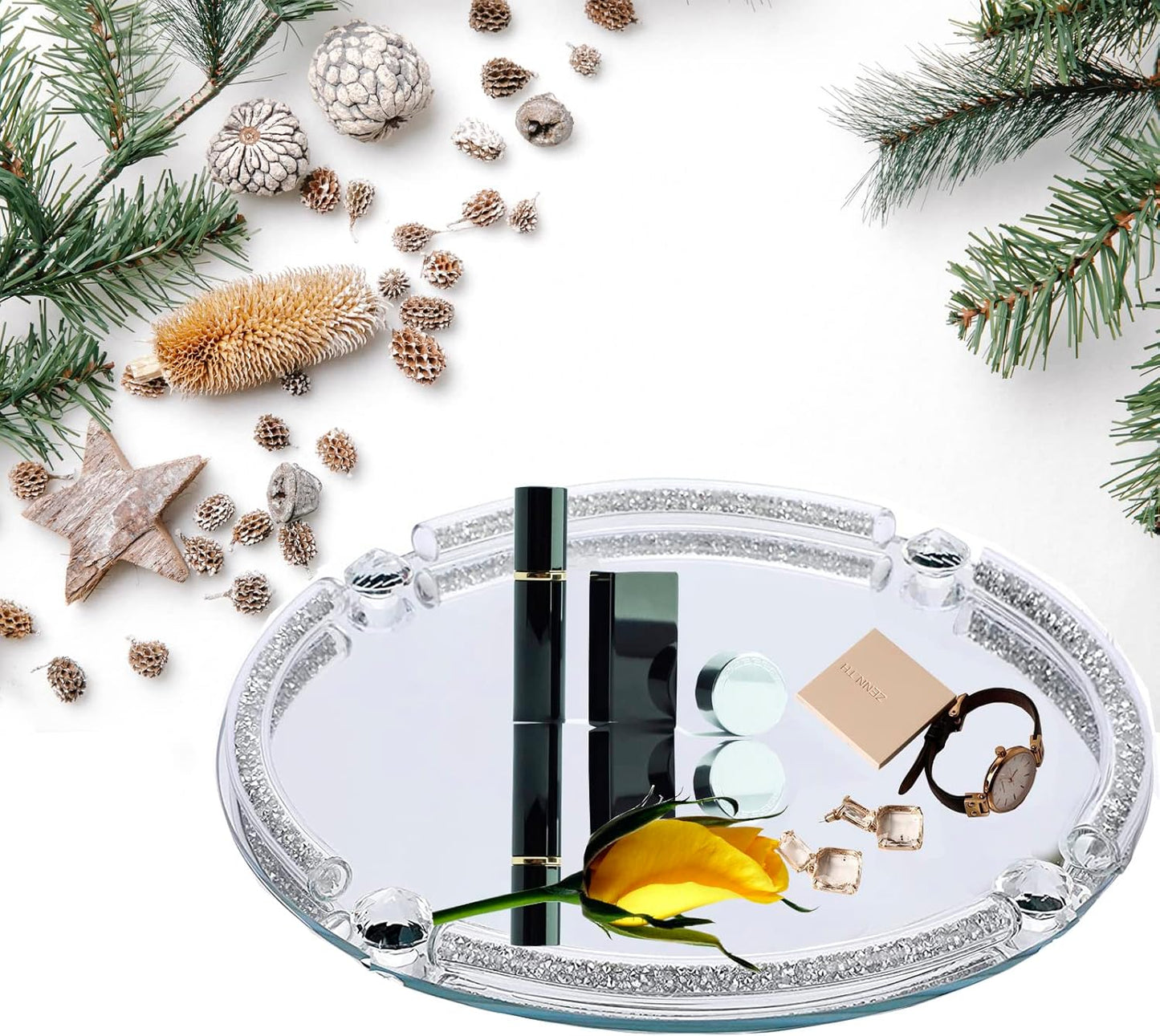 Mirror Glass Makeup Vanity Organizer Filled Crushed Diamond / Silver B / 10 x 10