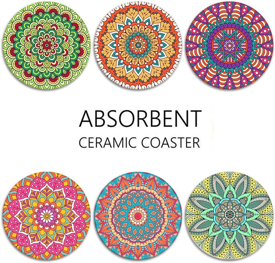 Moroccan Mandala Colorful Green Absorbent Round Ceramic Stone Mat / Bohemian / Pink / Set of 6