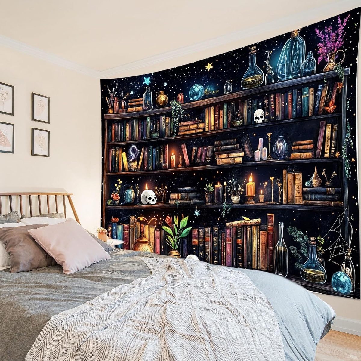 HVEST Magic Bookshelf Wall Tapestry Vintage Bookshelf Witchy Books Plant Skull Gothic Halloween Tapestry Wall Hanging Starry Sky Tapestries for Bedroom Living Room Dorm, 70.9L x 92.5W Inches
