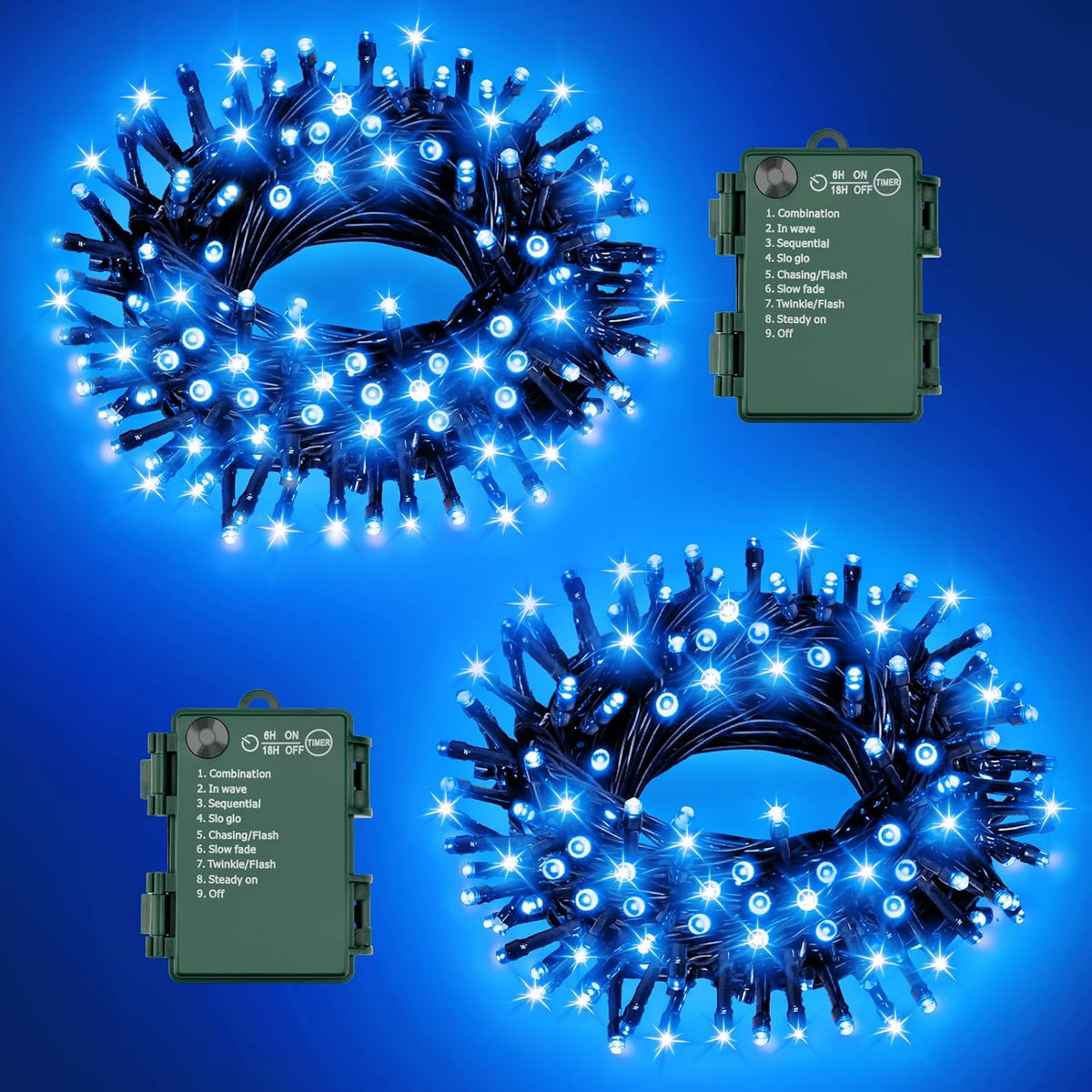 Blue Christmas Lights Outdoor Battery Operated String Lights Total 100LED 33Ft with Timer 8 Modes 16.4Ft*2 Waterproof Outdoor Indoor for Christmas Decor, Blue, 2-Pack