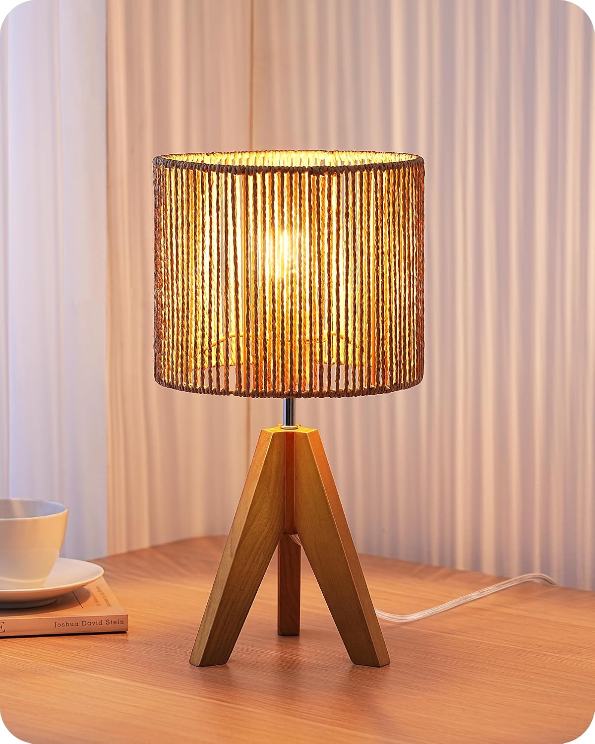 EDISHINE Small Rattan Table Lamp, Wood Tripod Bedside Lamp, 14.2", E26 Base