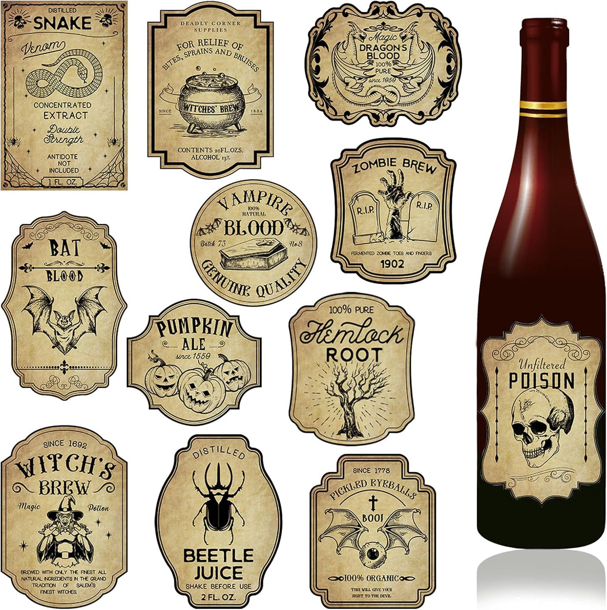 36Pcs Halloween Wine Bottle Label Stickers Retro Scary Potion Bottle Labels