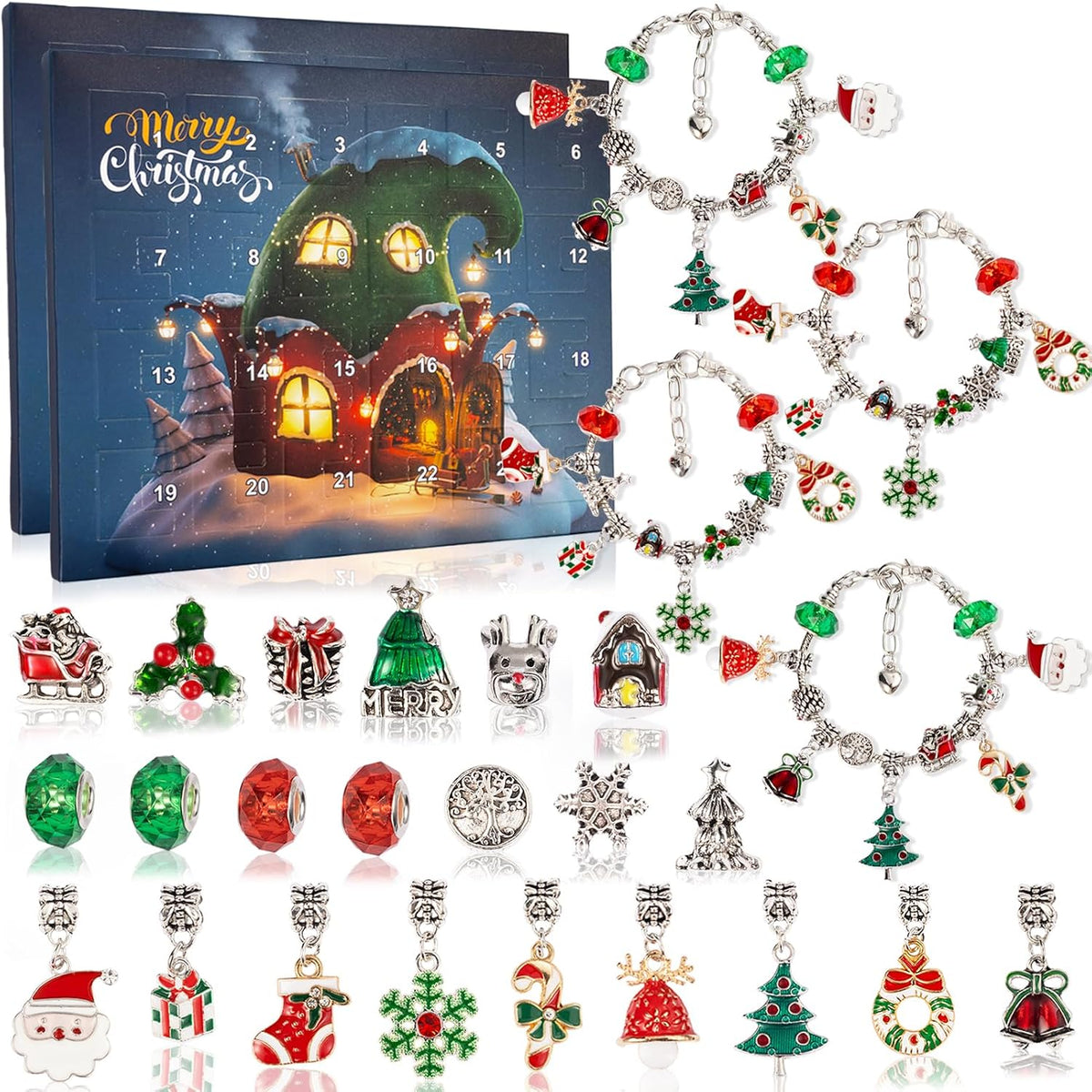 OuMuaMua 2 Sets of Christmas Advent Calendar Bracelets 2026 for Girls 24 Days Xmas Countdown Calendar DIY Jewelry Making Kit Gifts 44 Charm Beads 4 Bracelets for Kids Teens Women