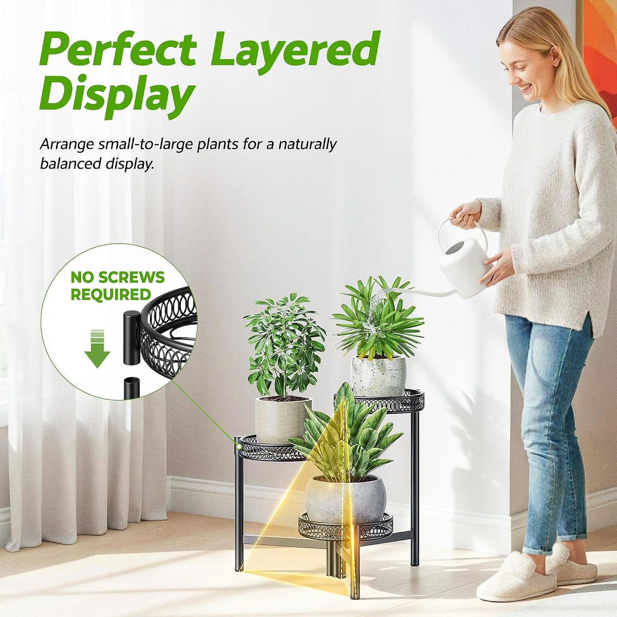 3 Tier Metal Plant Stand Indoor Outdoor, Corner Tall Plant Shelf for Multiple Plants, Foldable Heavy Duty Plant Holder