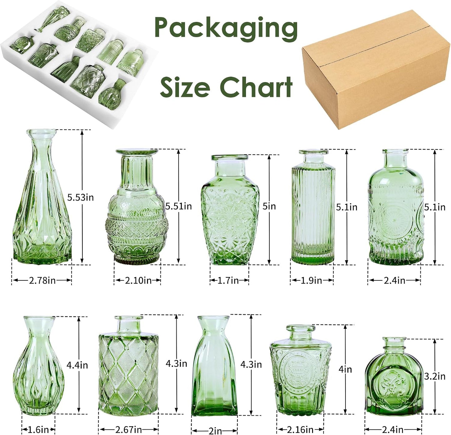 Vintage Small Glass Vases / Hunt Green / Set of 10