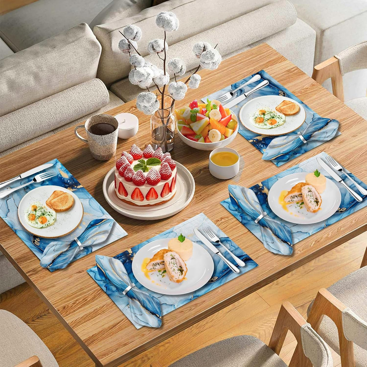 Mcalk 4 Each Blue Marble Placemats and Cloth Napkins Set of 8, Modern Art Placemat, Marble Print Cloth Napkin for Home