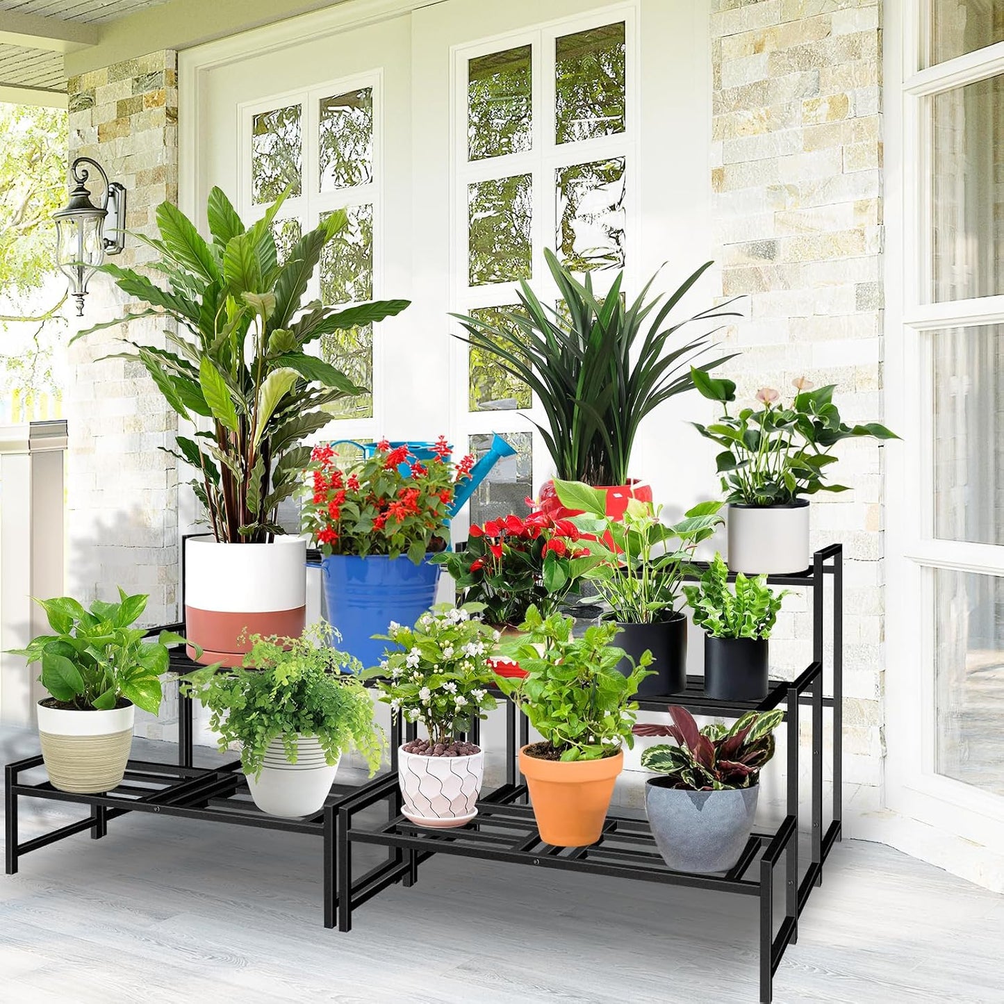 Plant Stand Indoor Outdoor, 3-Tier Stackable Wrought Iron Plant Stands | Metal Plant Shelf Decorative Outdoor Flower