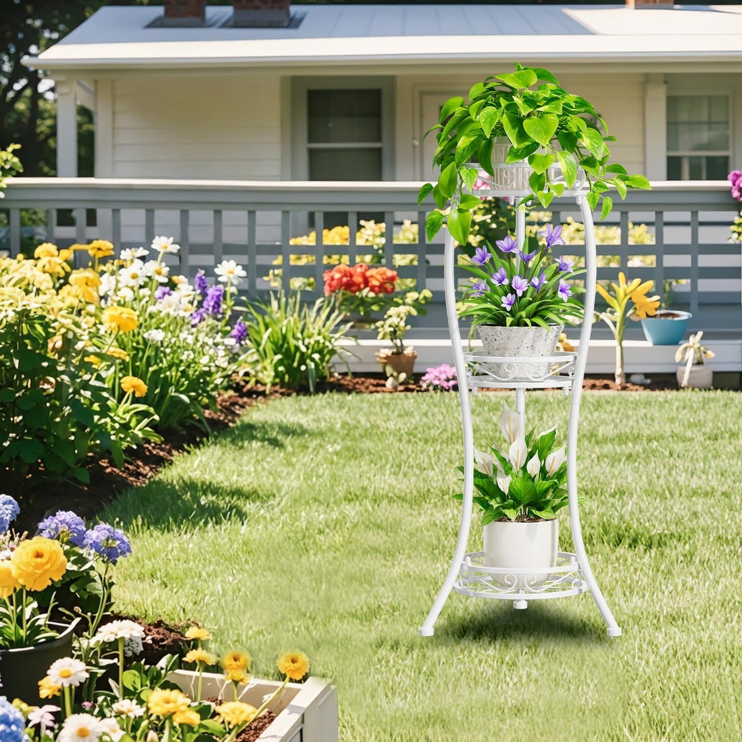 iDavosic.ly 3 Tier Metal Plant Stand Outdoor Indoor, 34 Inch Tall, White | Corner Flower Pot Holder Shelf, Wrought Iron