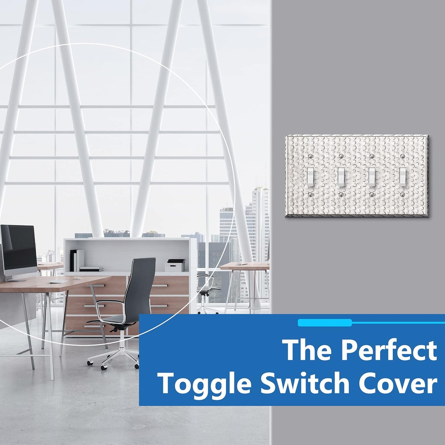 LIDER Toggle Light Switch Metal Wall Plate, SwitchCover, Mid-Size 4-Gang | Corrosion Resistant, Hammered Chrome