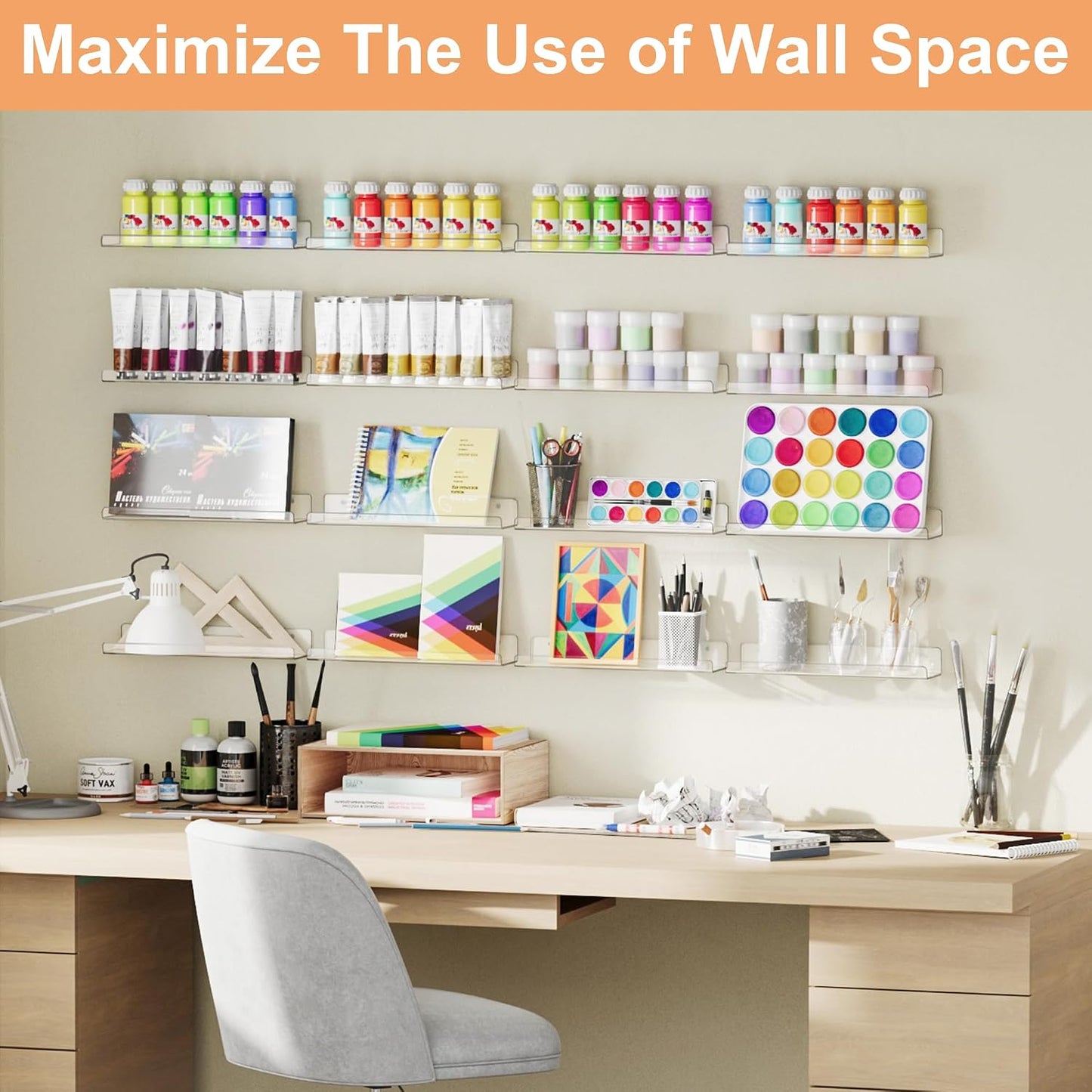 upsimples 10 Pcs 15" Acrylic Shelves for Wall Display and Storage, Clear | Transparent Design Highlights Skincare