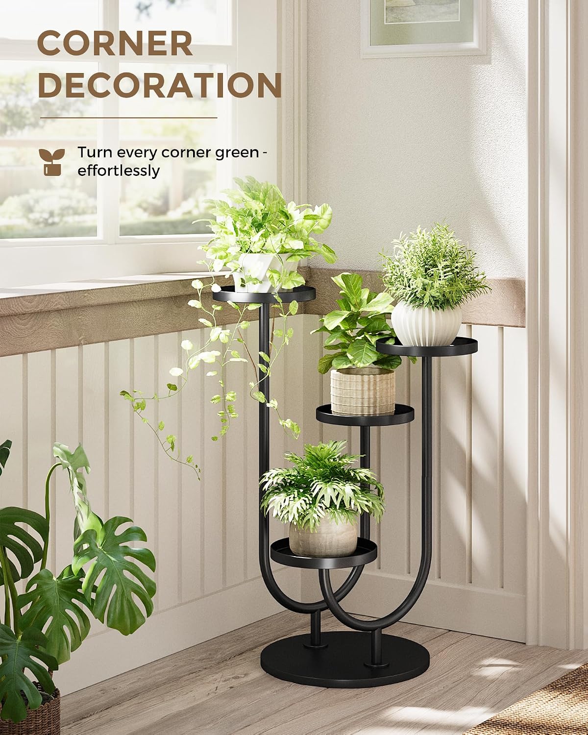 Bamworld Upgraded Outdoor Plant Stand Metal Plant Stand Indoor Corner Plant Stands 4 Pots Plant Shelf for Tall Plant