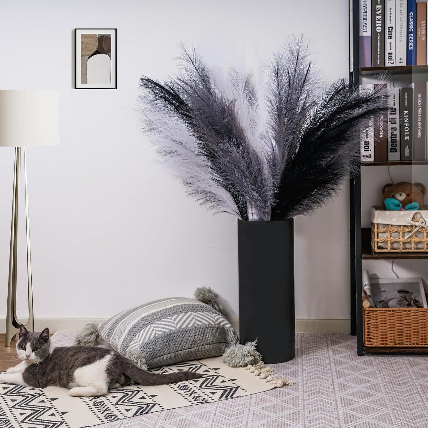 Pampas Grass Decor Tall 44''/ Fluffy Large Pompas Grass / Black White Gray / 3.7 Inch / Set of 6