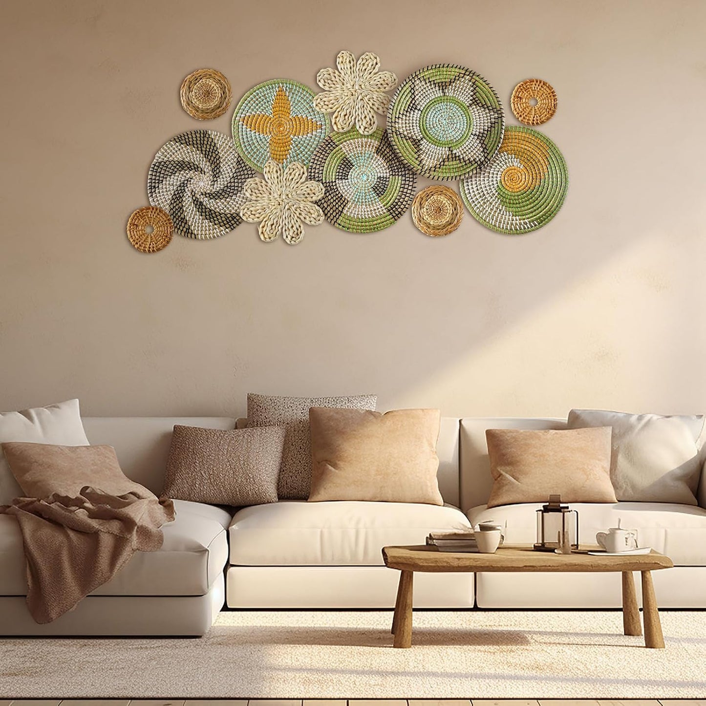 Boho Wall Basket Decor Bulrush Woven Wall Hanging Art Round Farmhouse Rustic / Stylish / Set of 11