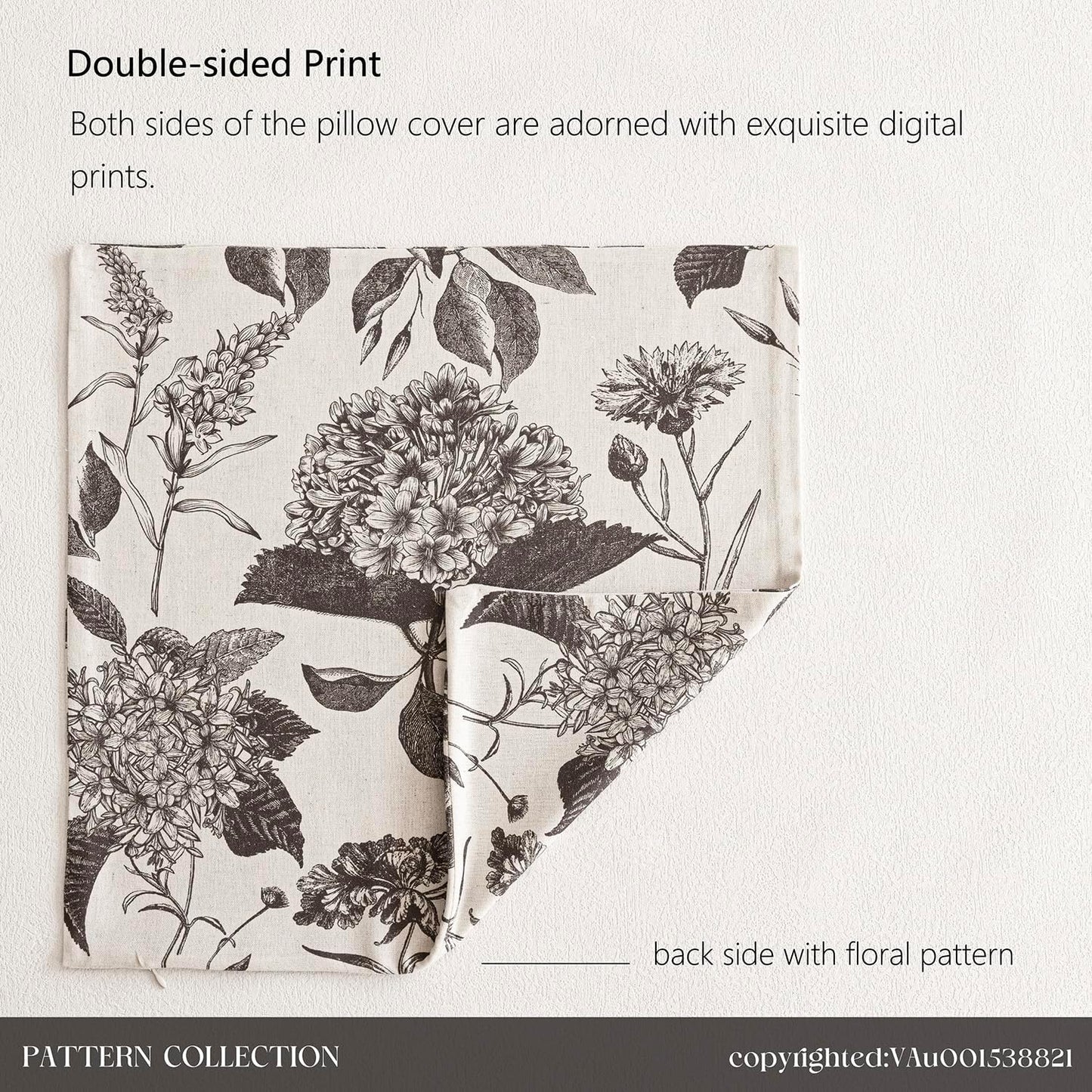Linen Floral Vintage Throw Pillow Covers Neutral Accent Print / 18 x 18 / Black / Set of 2