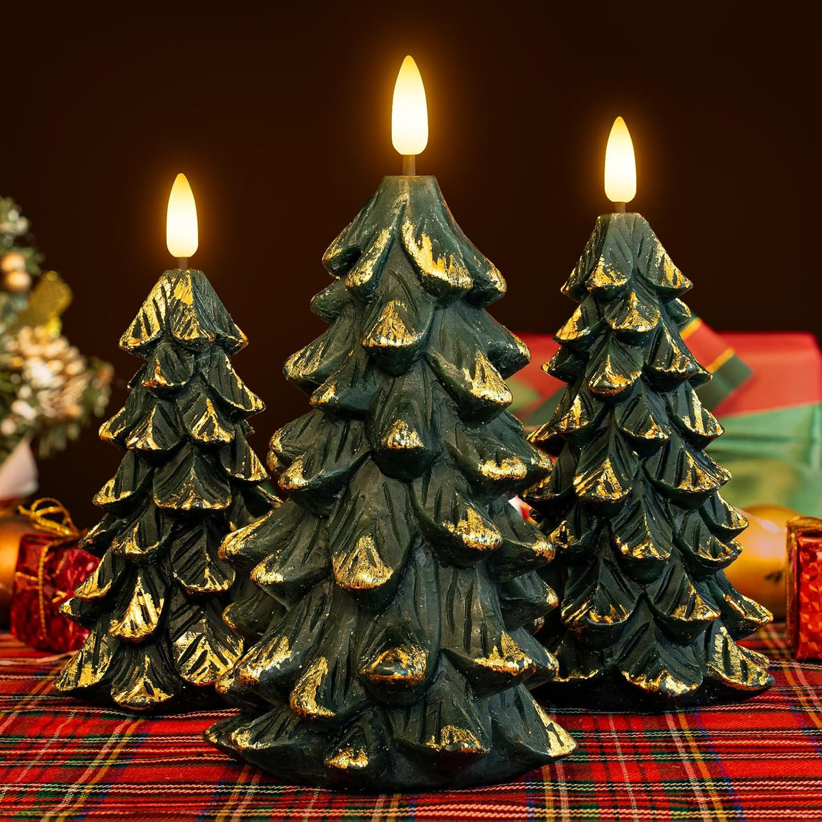 Green Christmas Tree Shaped Flickering Flameless LED Candles with Timer, Real Wax Battery Operated, Set of 3