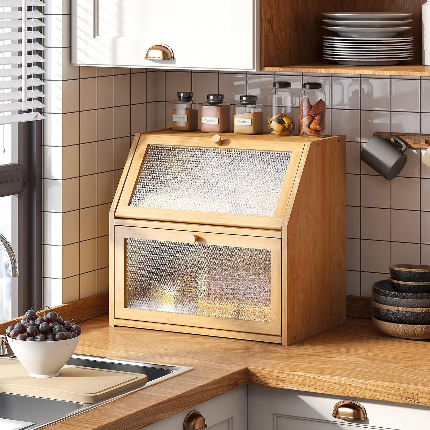 STDDRE Bread Box for Kitchen Countertop Bin Double Layer Bread Box Storage Container Extra Large Capacity with Diamond