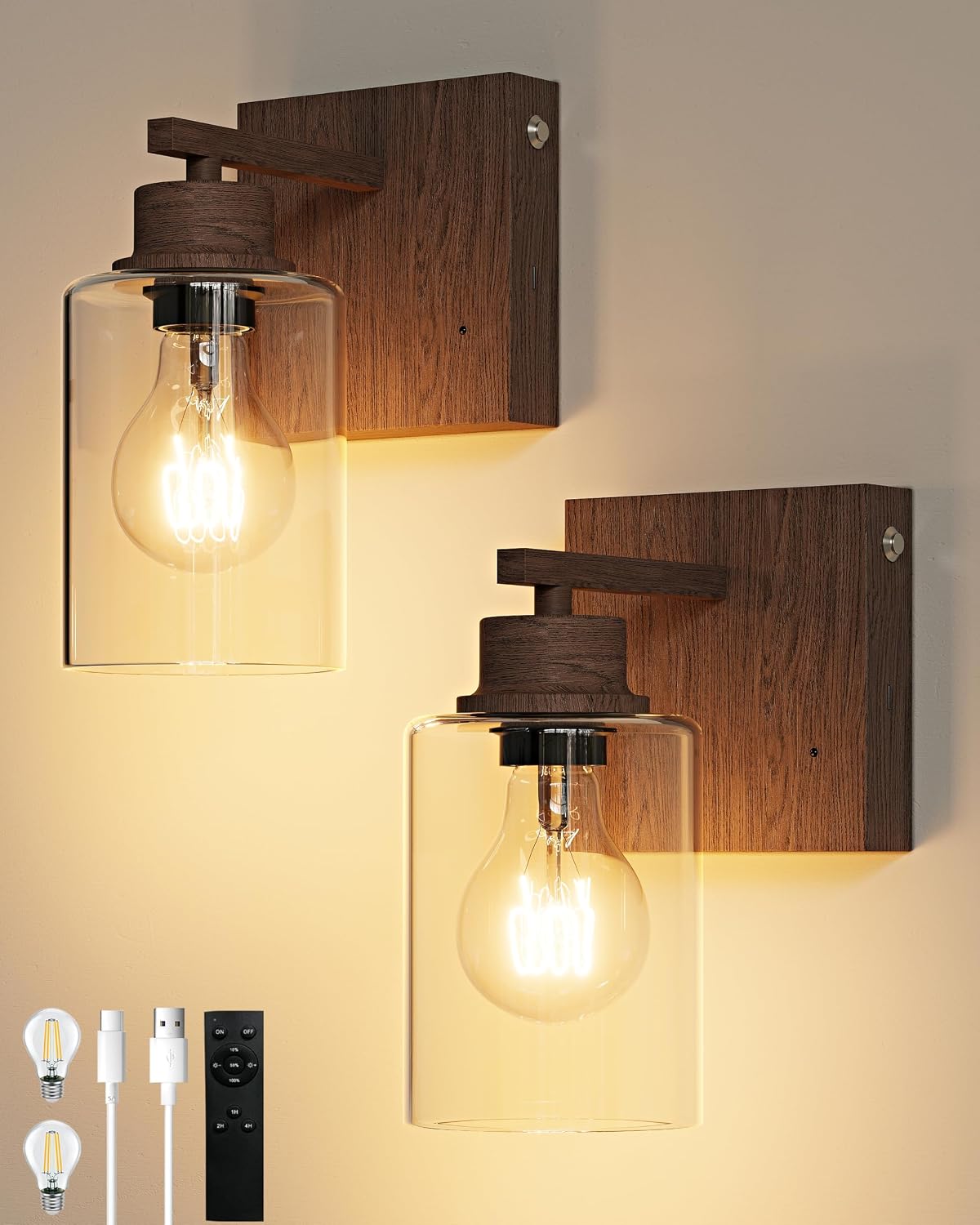 Rayogale Walnut Battery Operated Wall Sconce Set of Two with Remote Control | Dimmable Rechargeable Wall Lights with