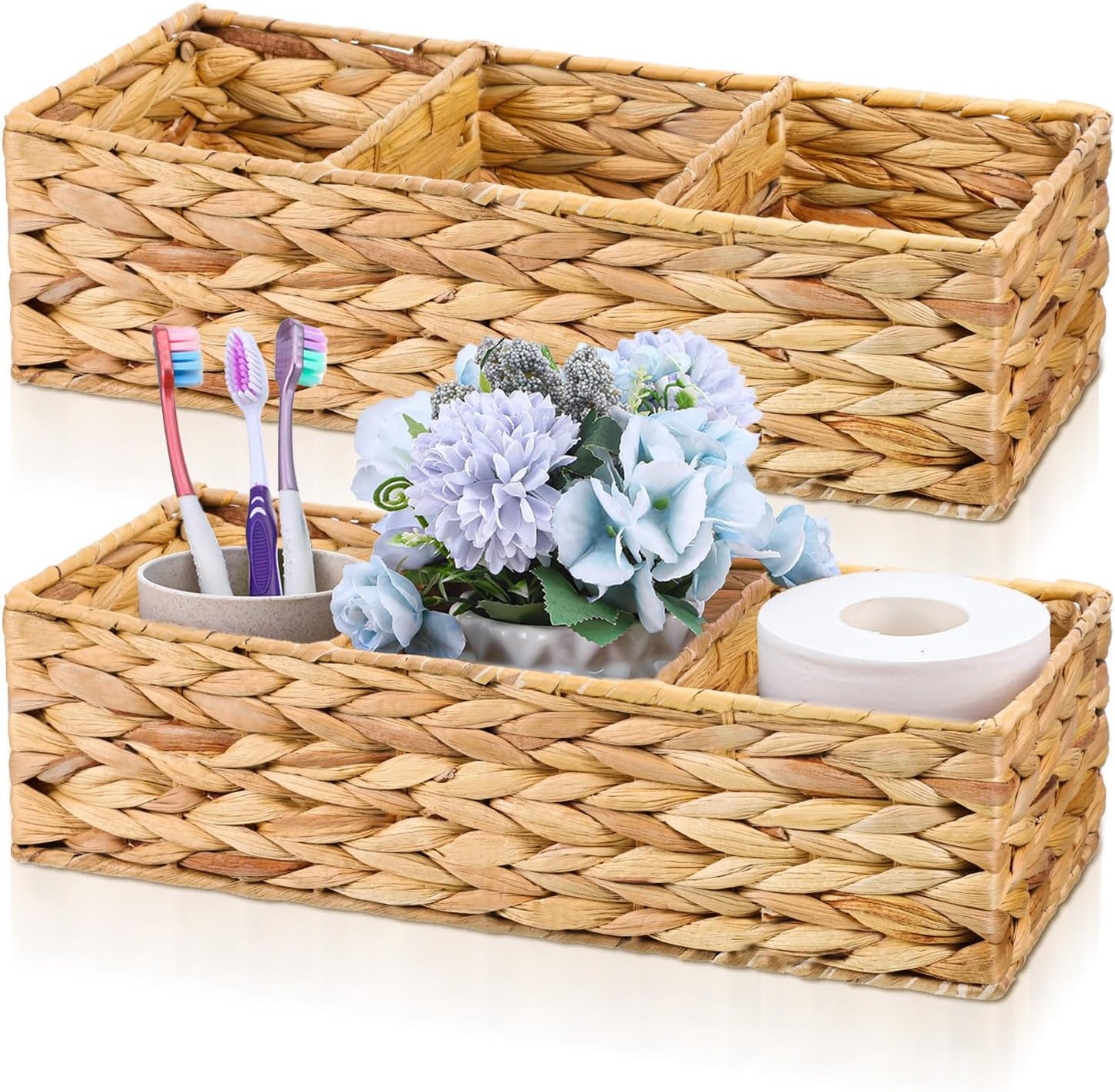 3-Section Wicker Baskets Water Hyacinth Storage Bin Bedroom Decor Basket Toilet Paper / Set of 2