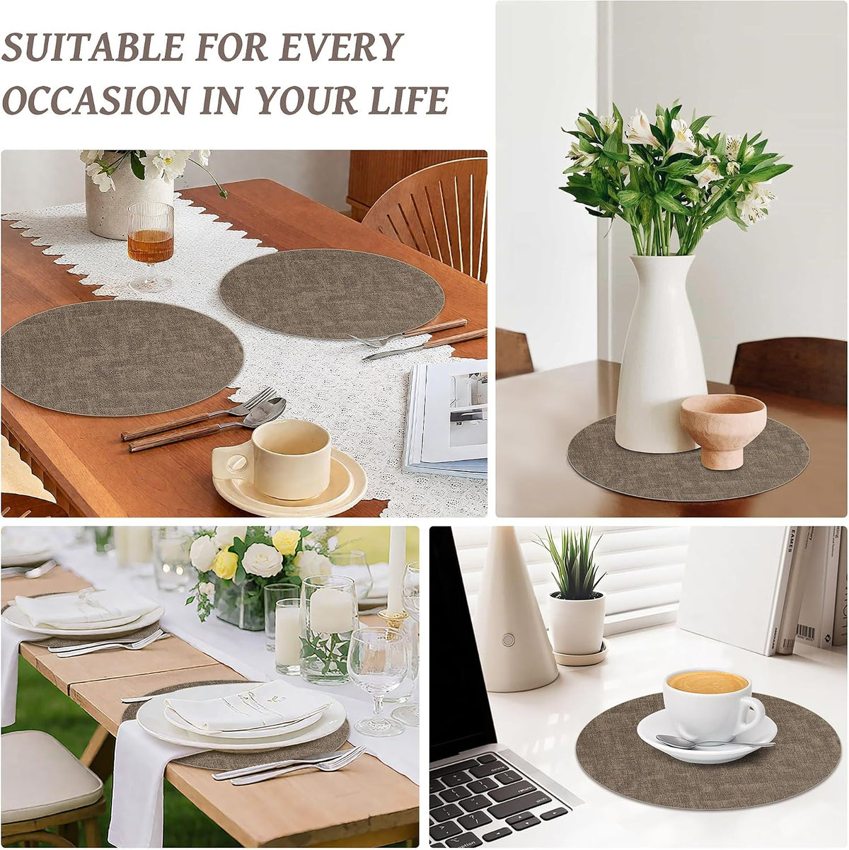 13" Round Placemats Set of 8, Reversible Faux Leather Wipeable Table Mats | 2mm Vinyl Heat Resistant Waterproof