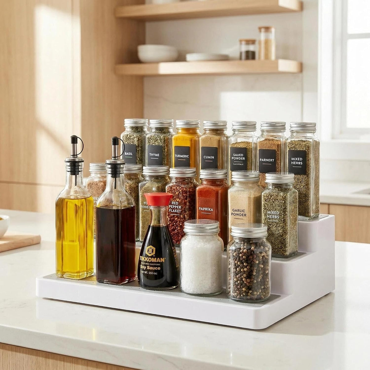 YAN & HIN 3 Tier Spice Rack Organizer for Cabinet, 3 Pack Non-Slip Spice Rack Shelf Organizer, Holds 24+ Jars, Plastic